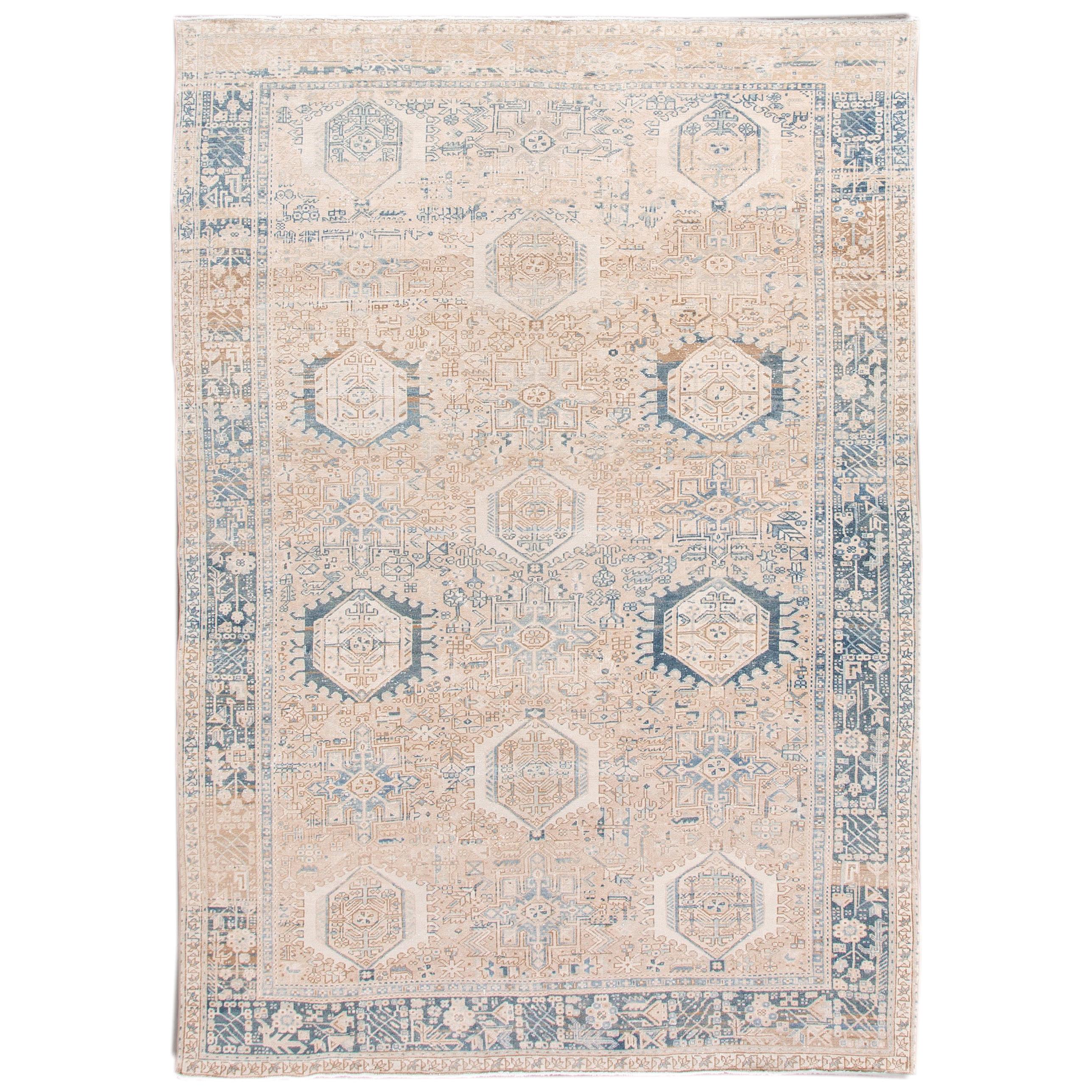 Antique Persian Heriz Handmade Beige Multi- Medallion Wool Rug For Sale