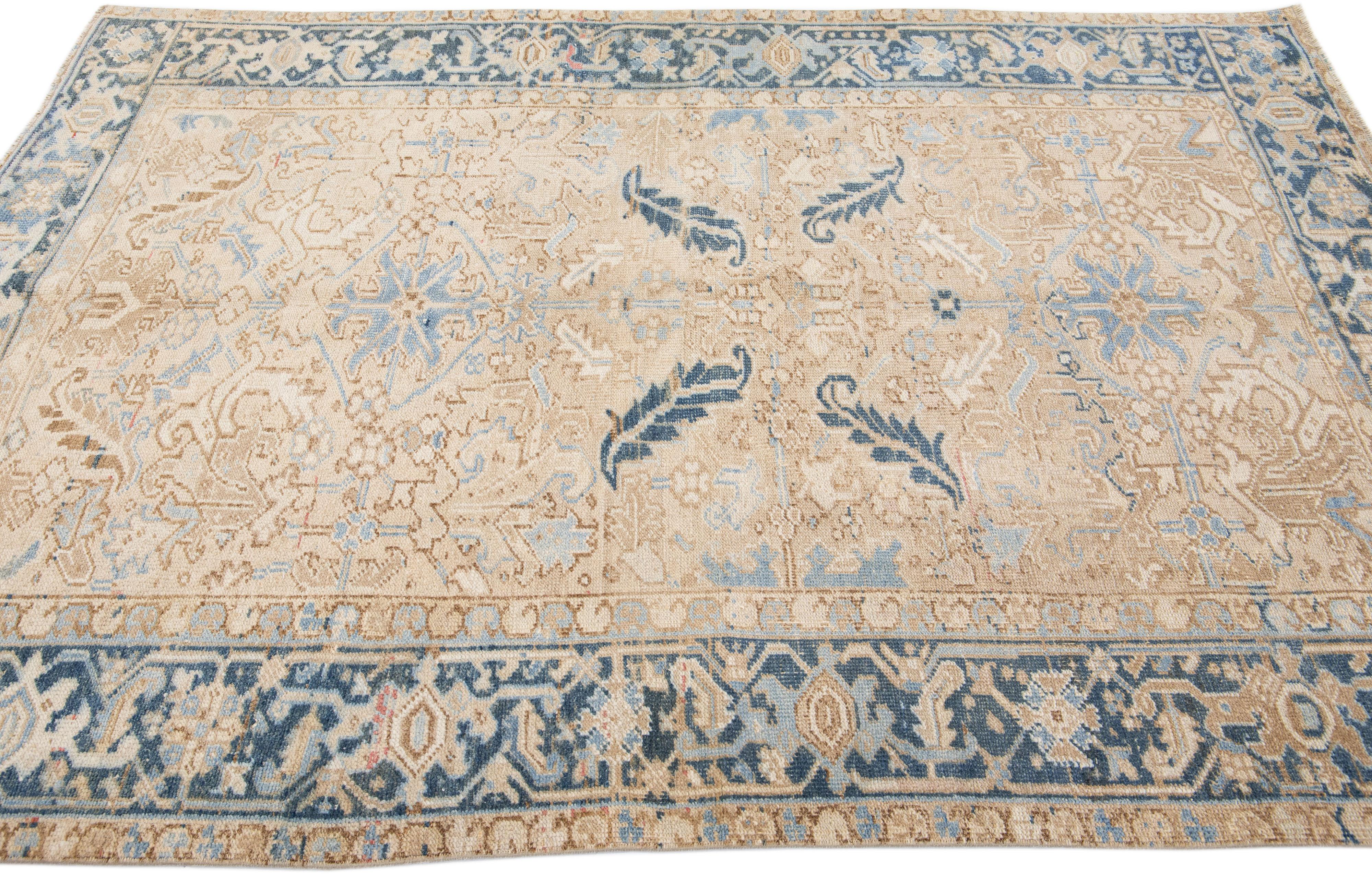 Hand-Knotted Antique Persian Heriz Handmade Beige Wool Rug with Medallion Design For Sale