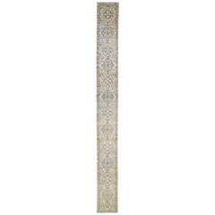 Antique Persian Heriz Handmade Floral Beige Long Wool Runner
