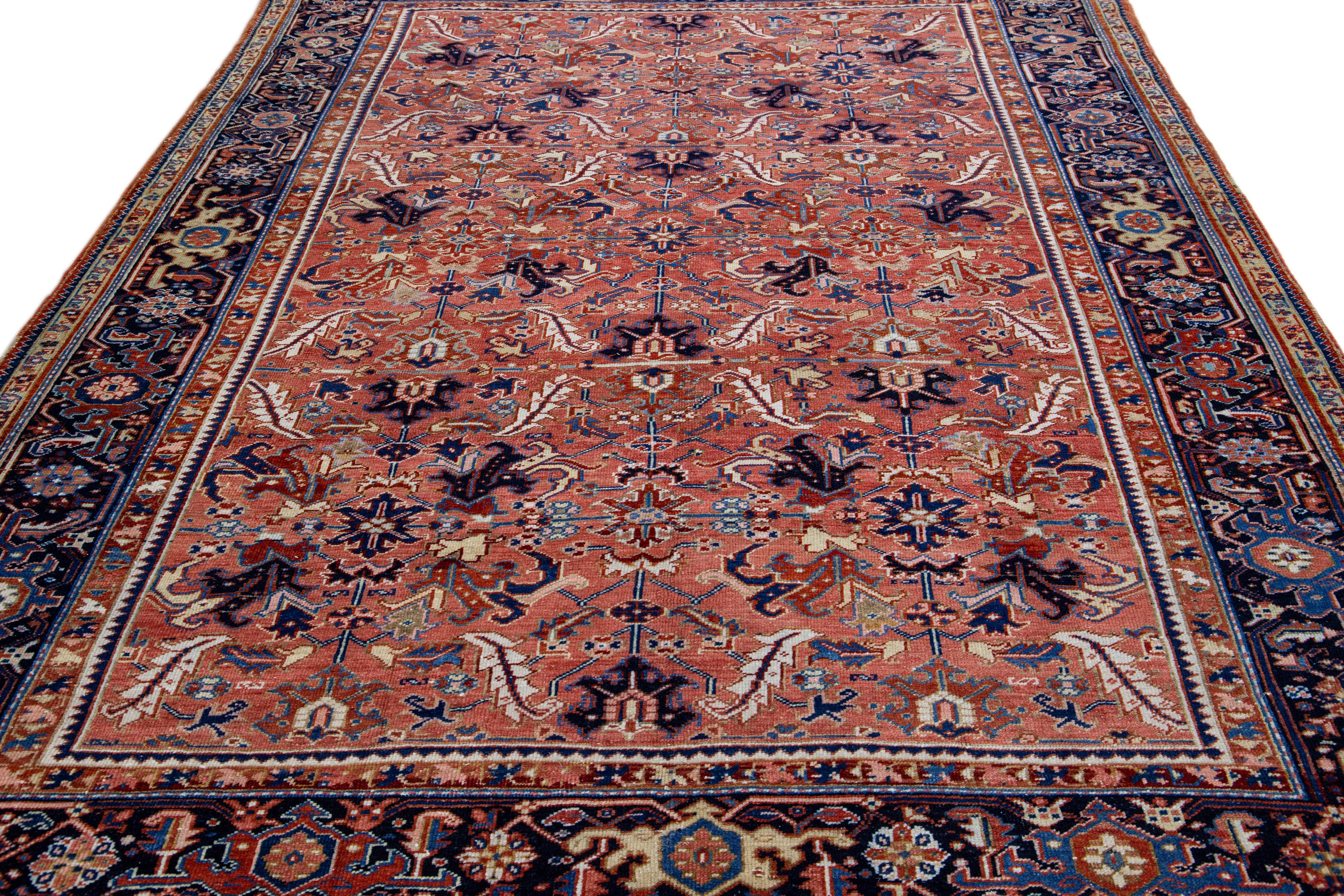 Heriz Serapi Antique Persian Heriz Handmade Geometric Allover Rusted Wool Rug For Sale
