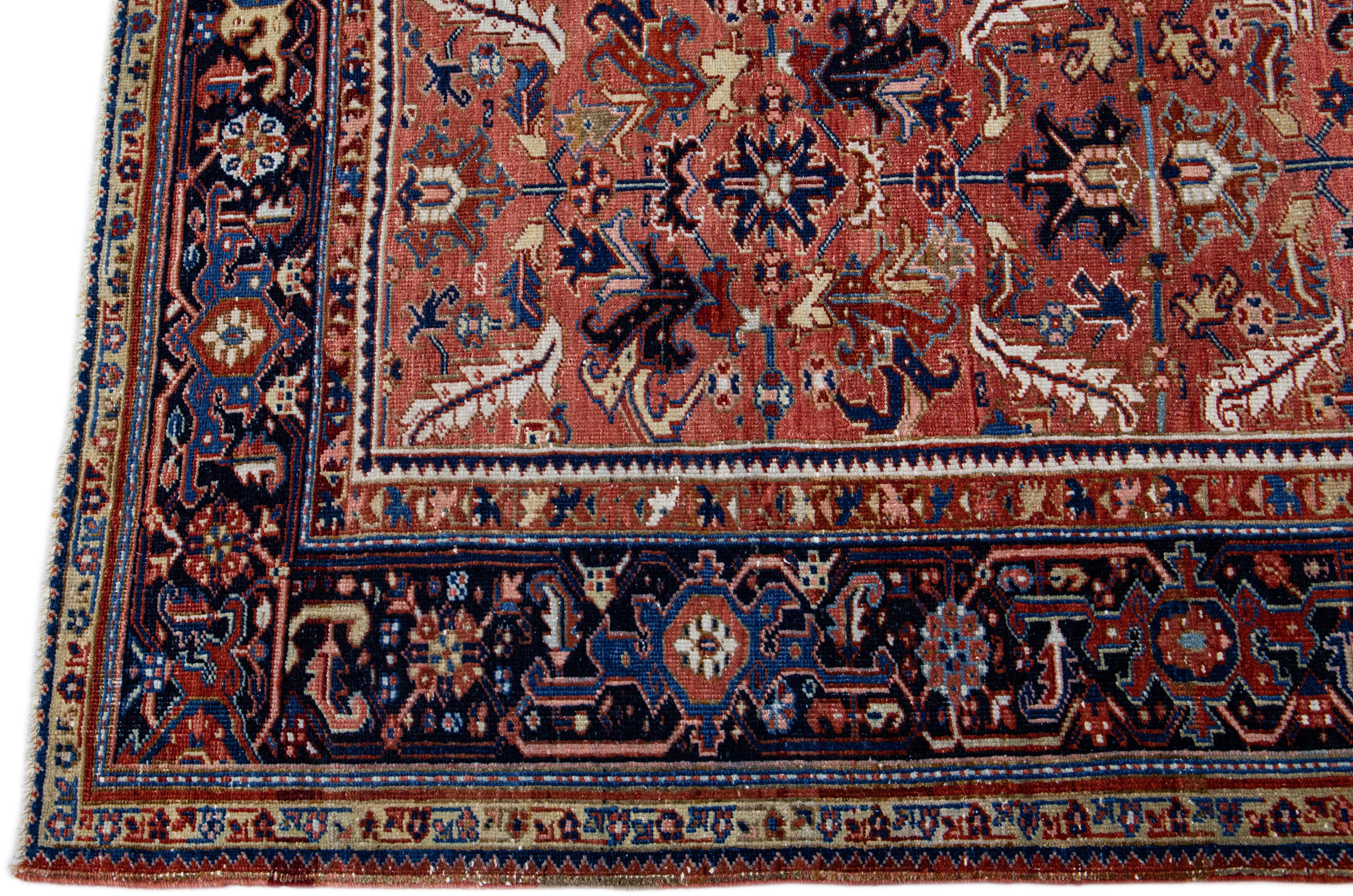 Hand-Knotted Antique Persian Heriz Handmade Geometric Allover Rusted Wool Rug For Sale