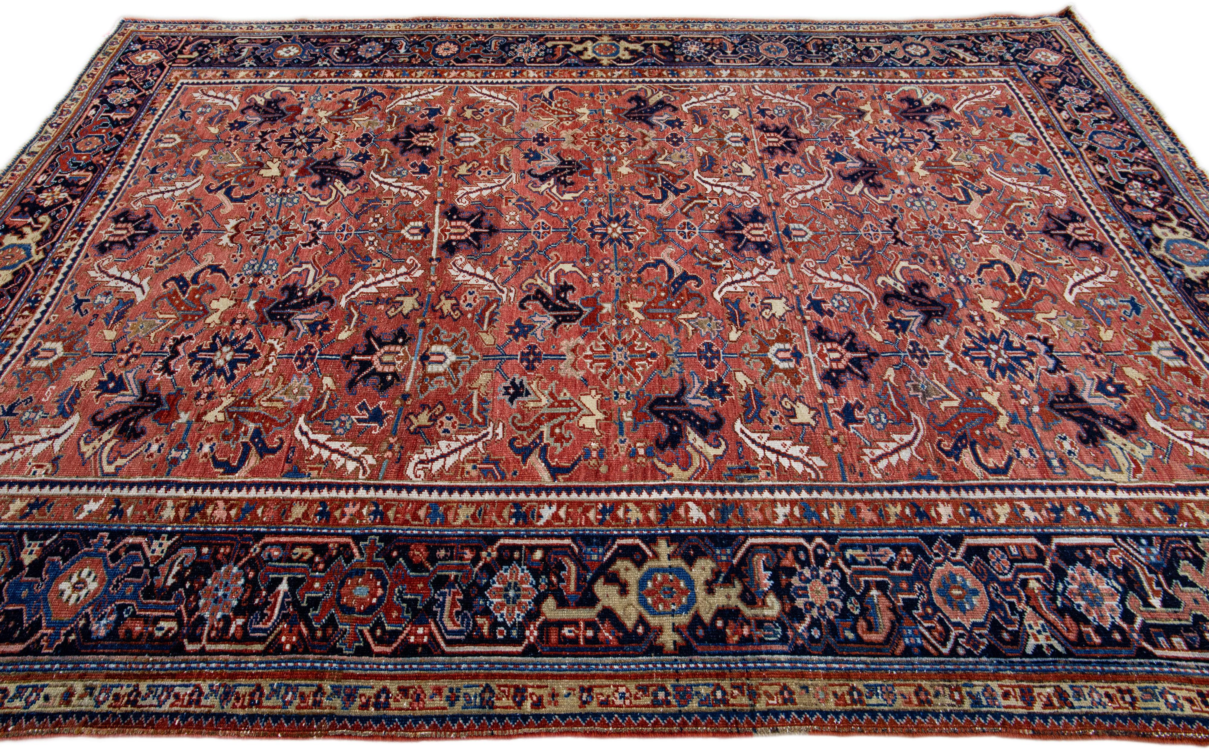 Antique Persian Heriz Handmade Geometric Allover Rusted Wool Rug In Good Condition For Sale In Norwalk, CT