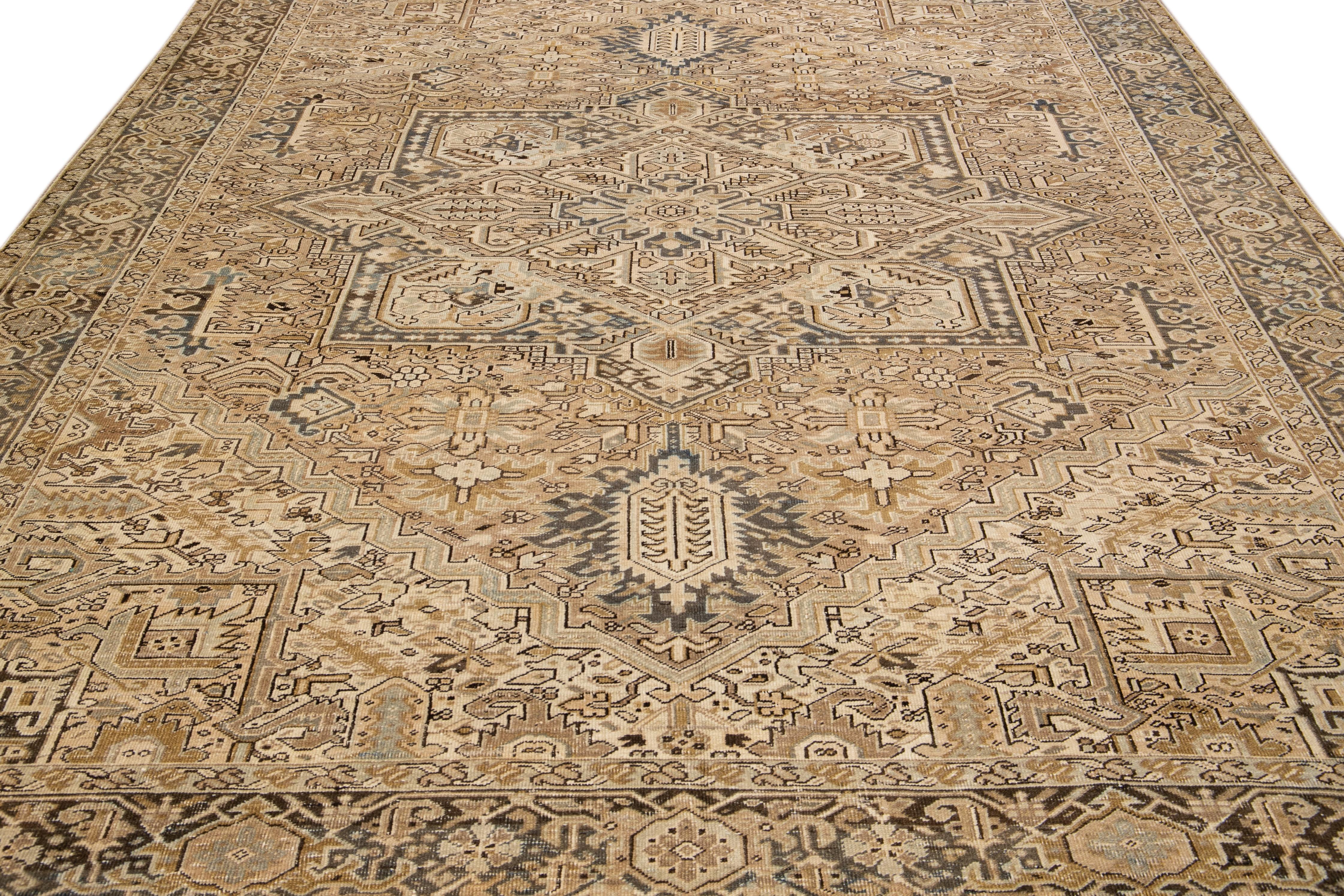 Heriz Serapi Antique Persian Heriz Handmade Geometric Beige And Blue Wool Rug For Sale