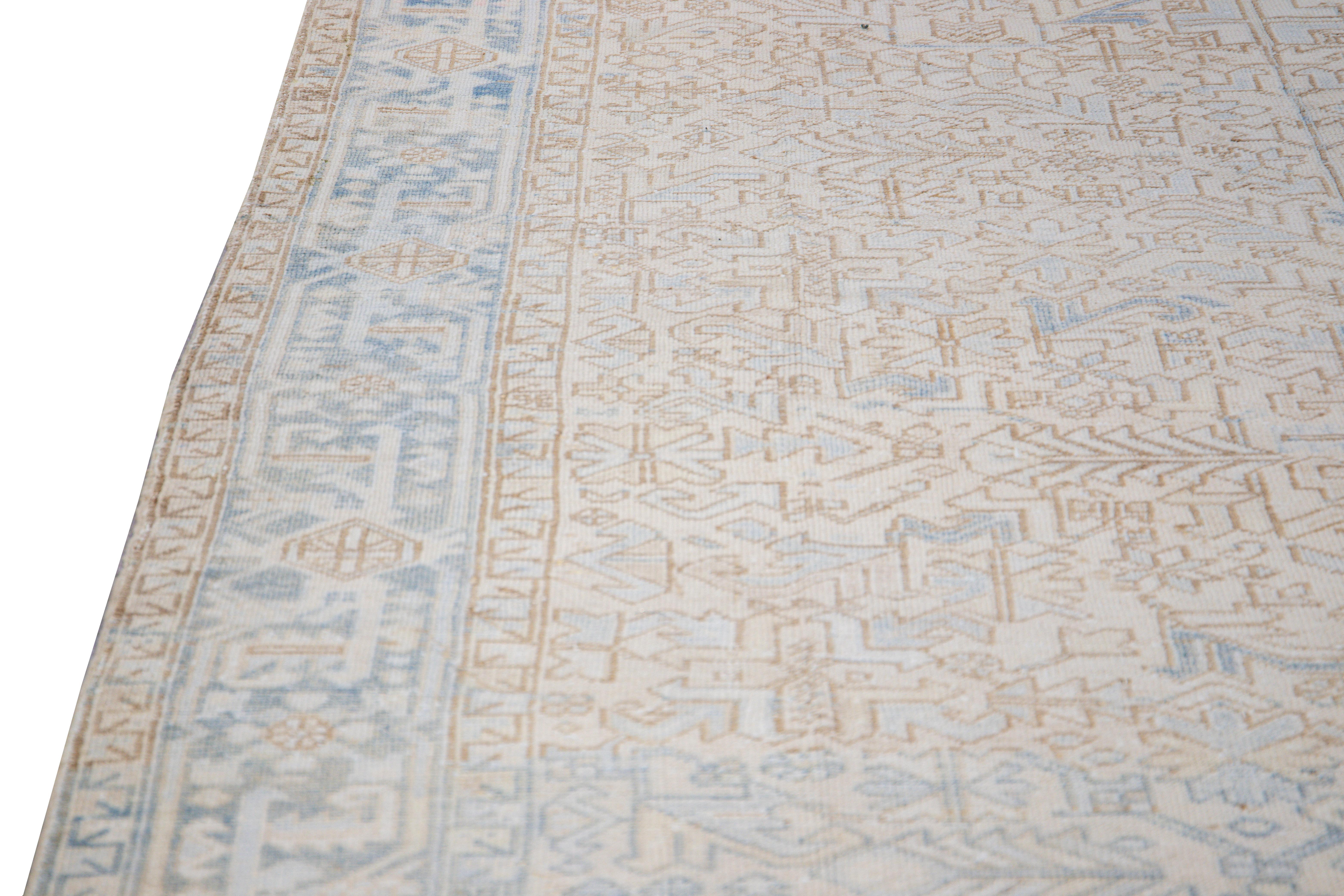 Hand-Knotted Antique Persian Heriz Handmade Geometric Beige and Blue Wool Rug For Sale