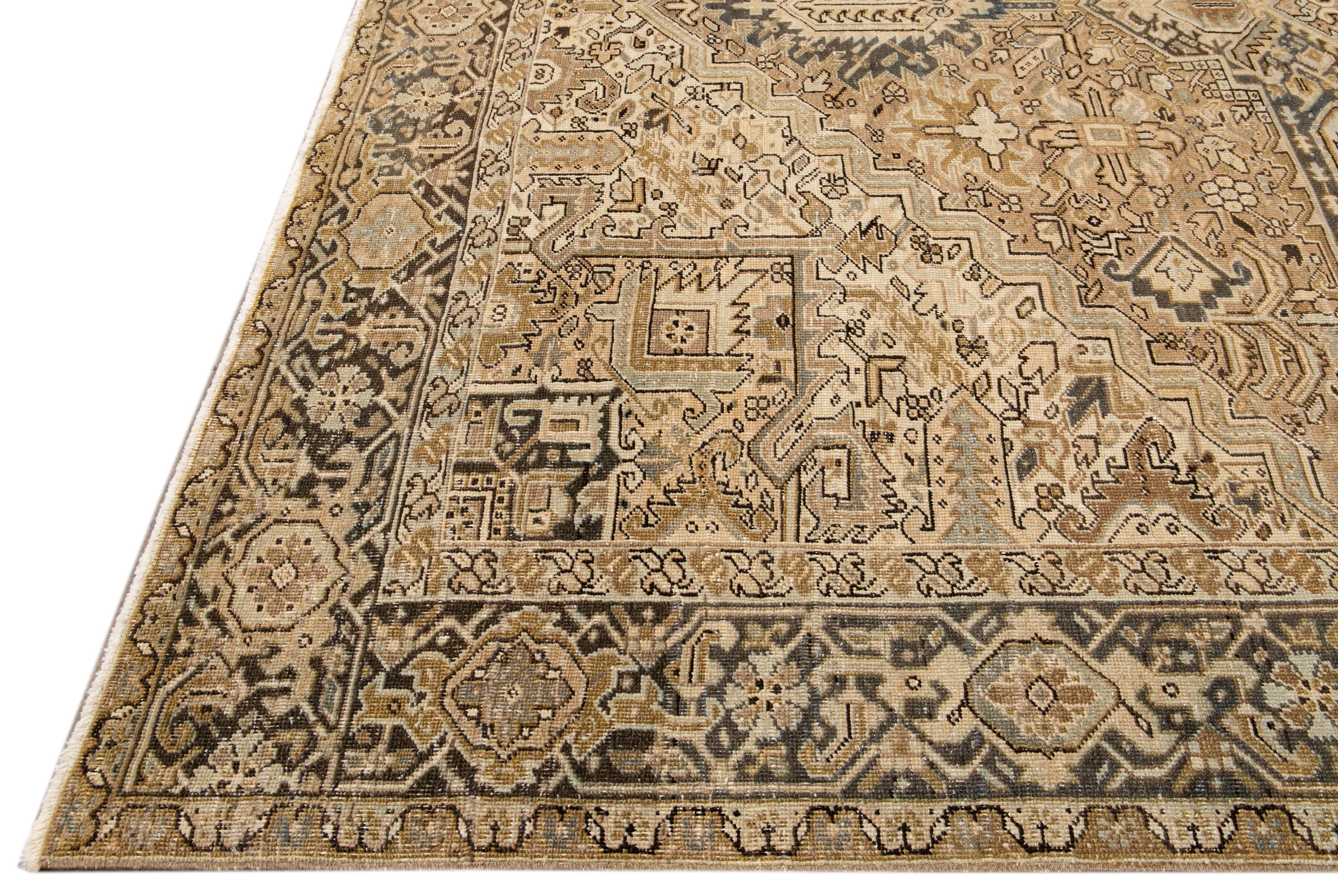Hand-Knotted Antique Persian Heriz Handmade Geometric Beige And Blue Wool Rug For Sale