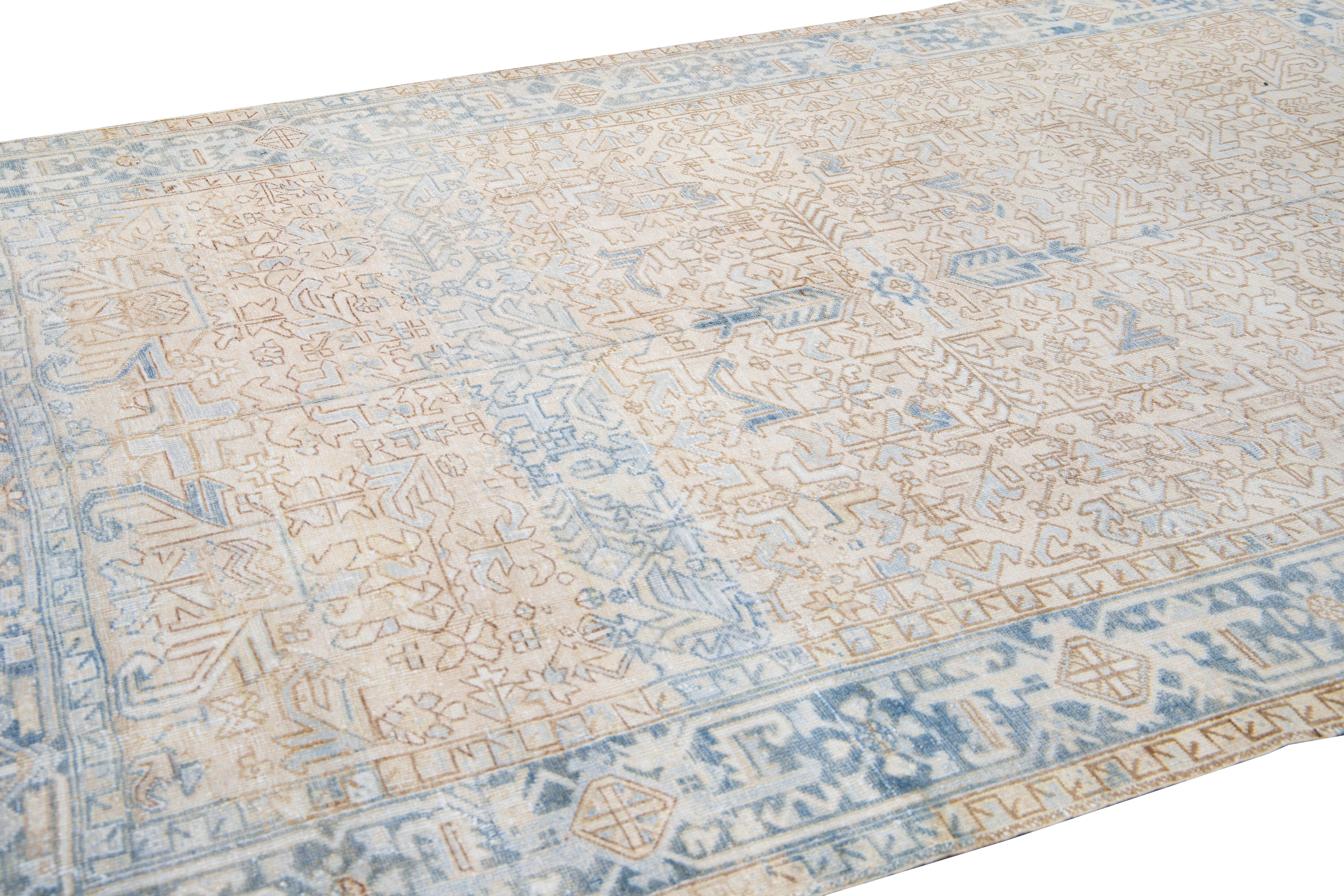 Antique Persian Heriz Handmade Geometric Beige and Blue Wool Rug In Distressed Condition For Sale In Norwalk, CT