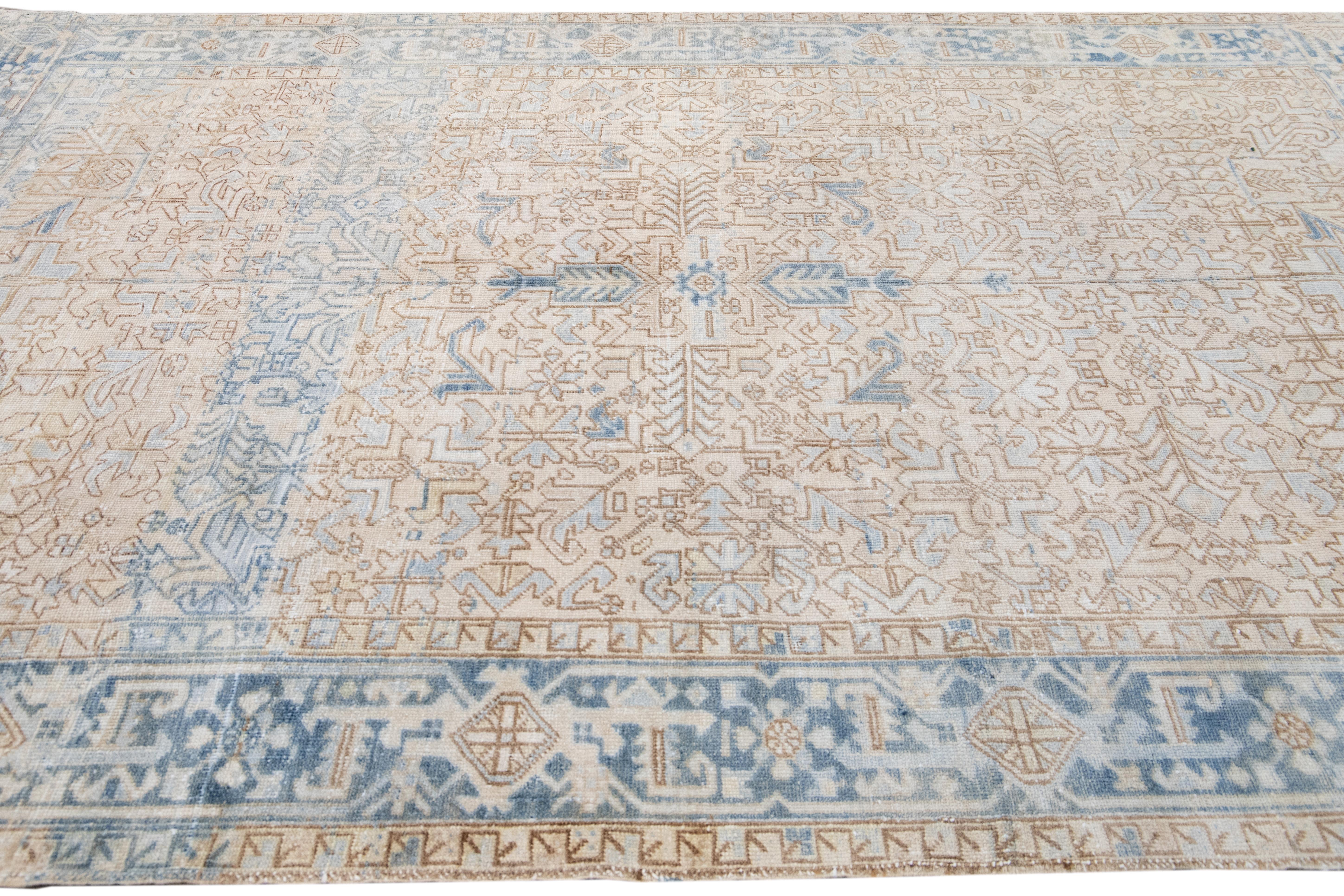 Antique Persian Heriz Handmade Geometric Beige and Blue Wool Rug For Sale 1