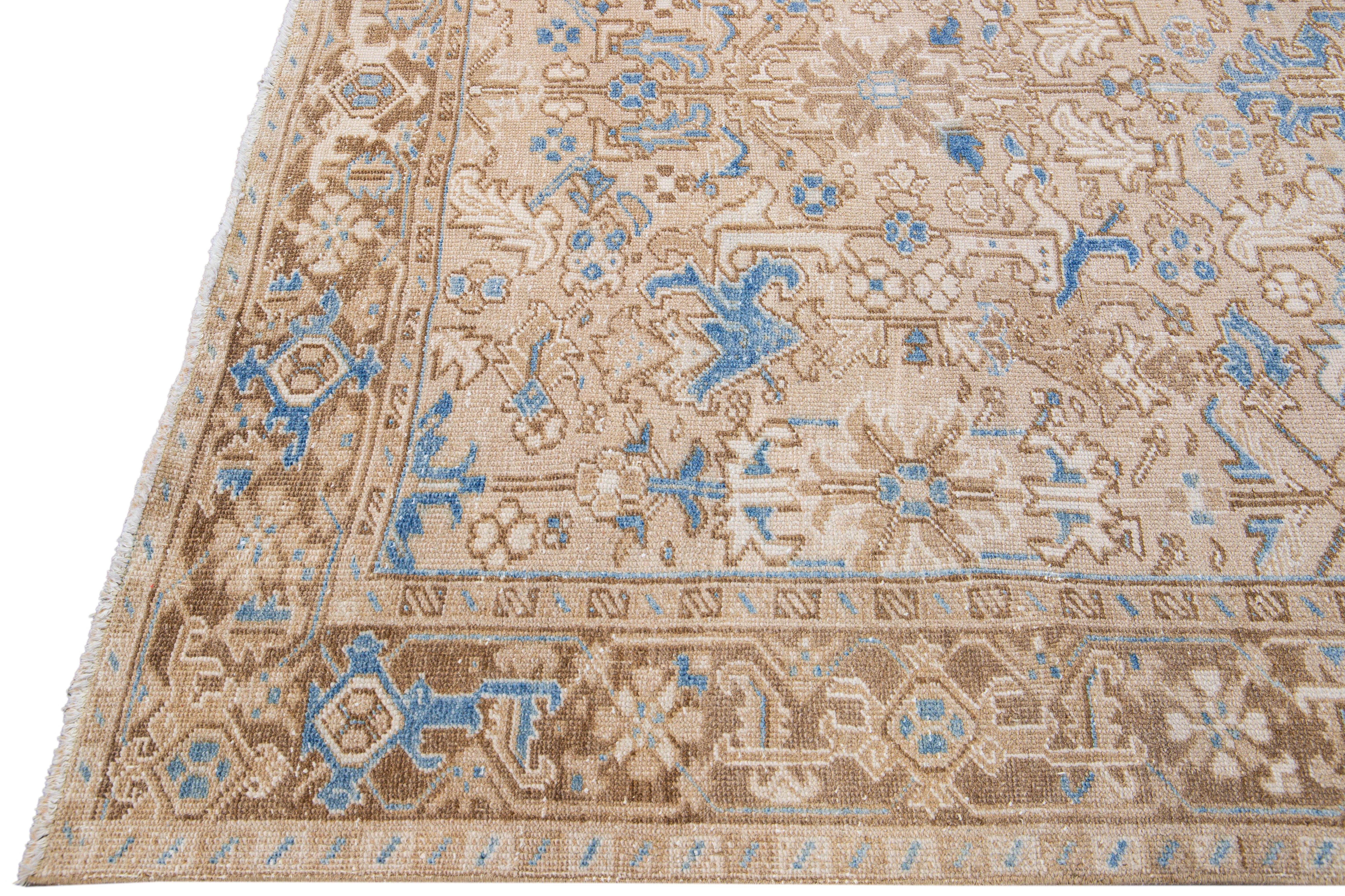 Hand-Knotted Antique Persian Heriz Handmade Geometric Floral Beige and Blue Wool Rug For Sale