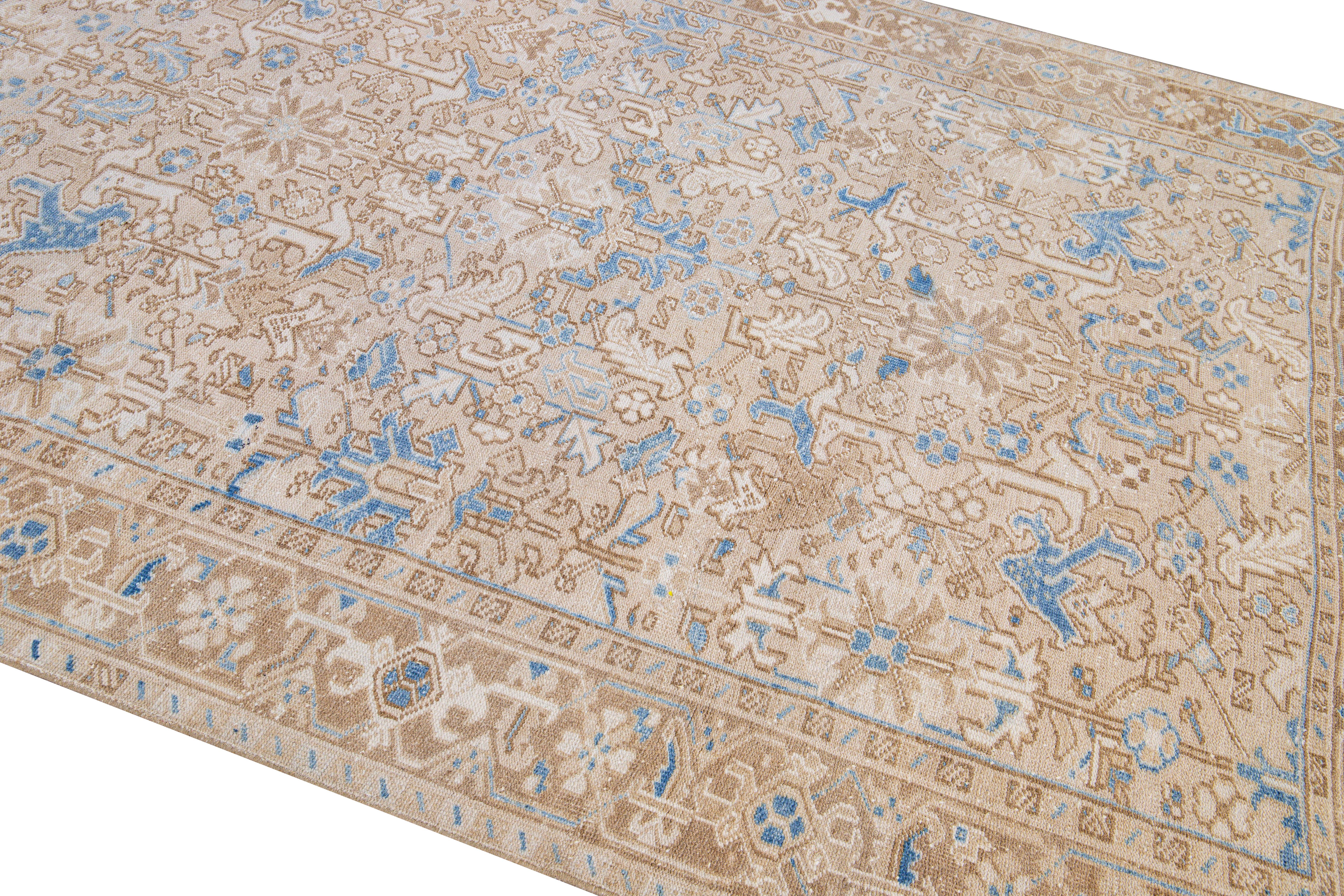 Antique Persian Heriz Handmade Geometric Floral Beige and Blue Wool Rug In Excellent Condition For Sale In Norwalk, CT