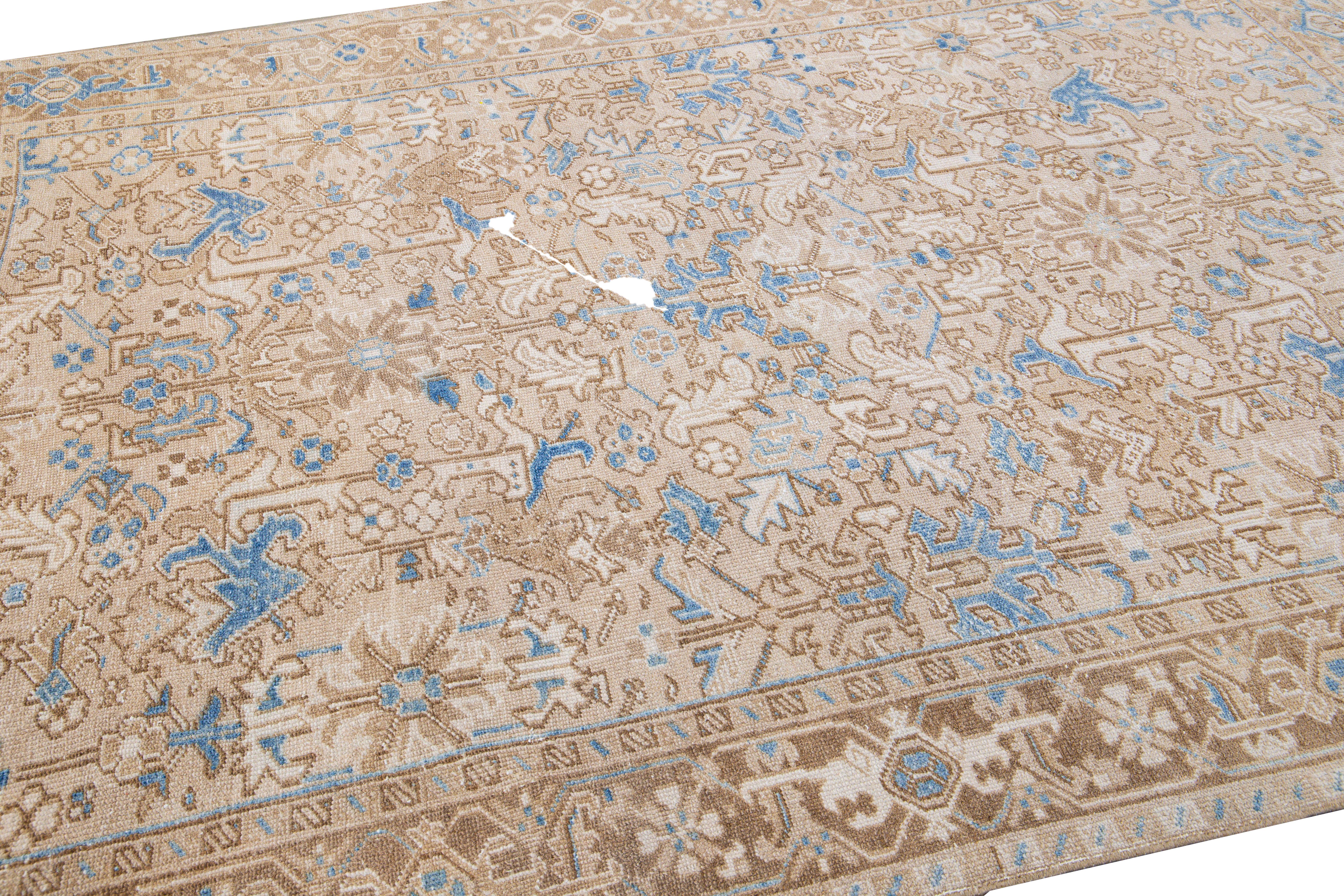 Antique Persian Heriz Handmade Geometric Floral Beige and Blue Wool Rug For Sale 1
