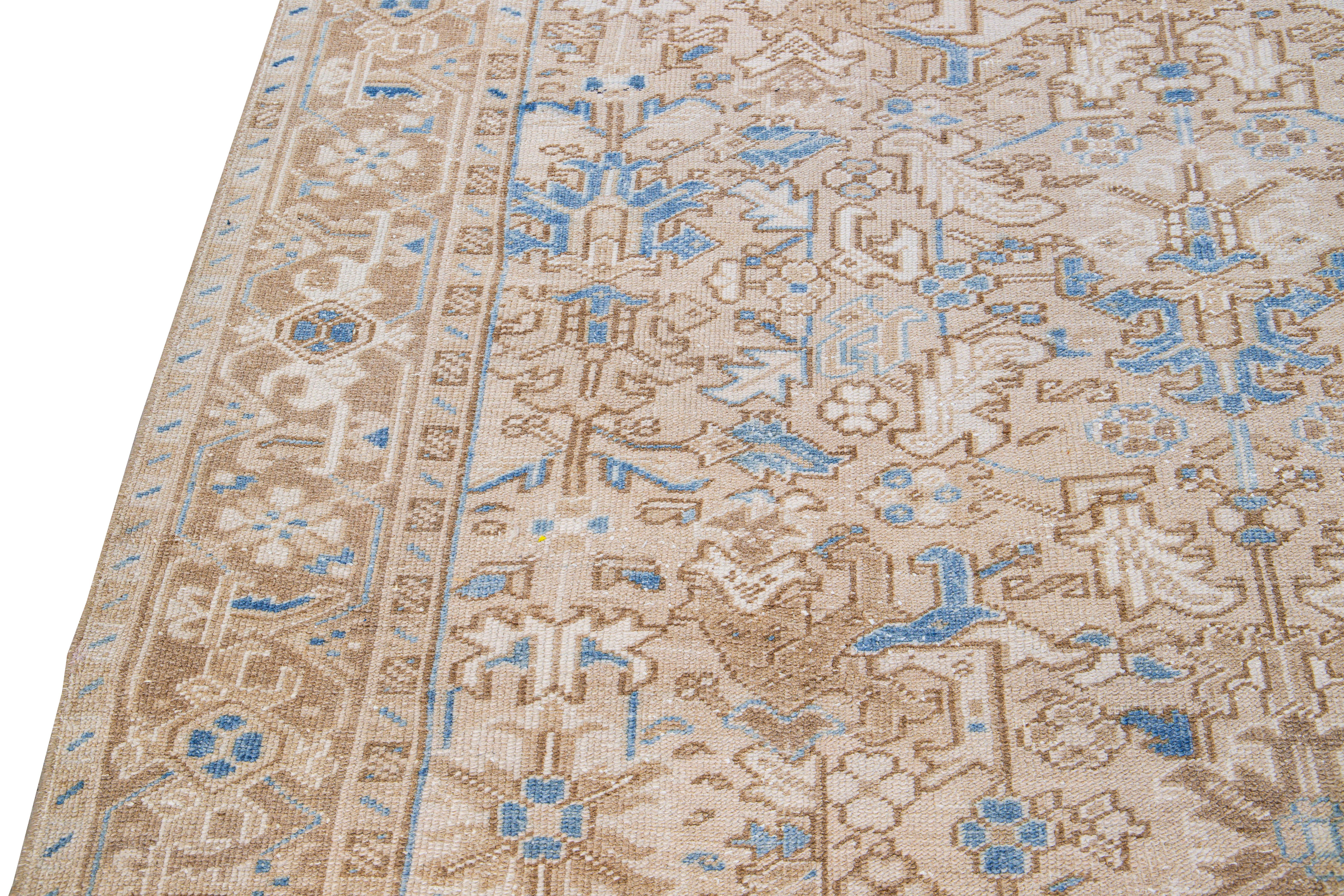 Antique Persian Heriz Handmade Geometric Floral Beige and Blue Wool Rug For Sale 2