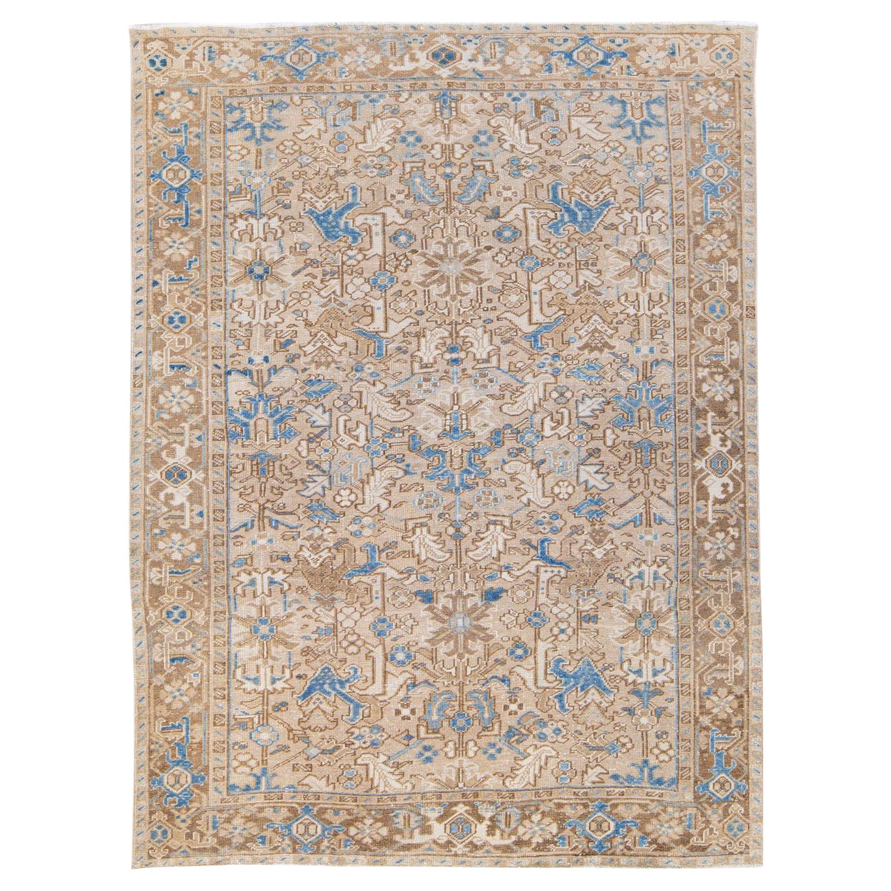 Antique Persian Heriz Handmade Geometric Floral Beige and Blue Wool Rug