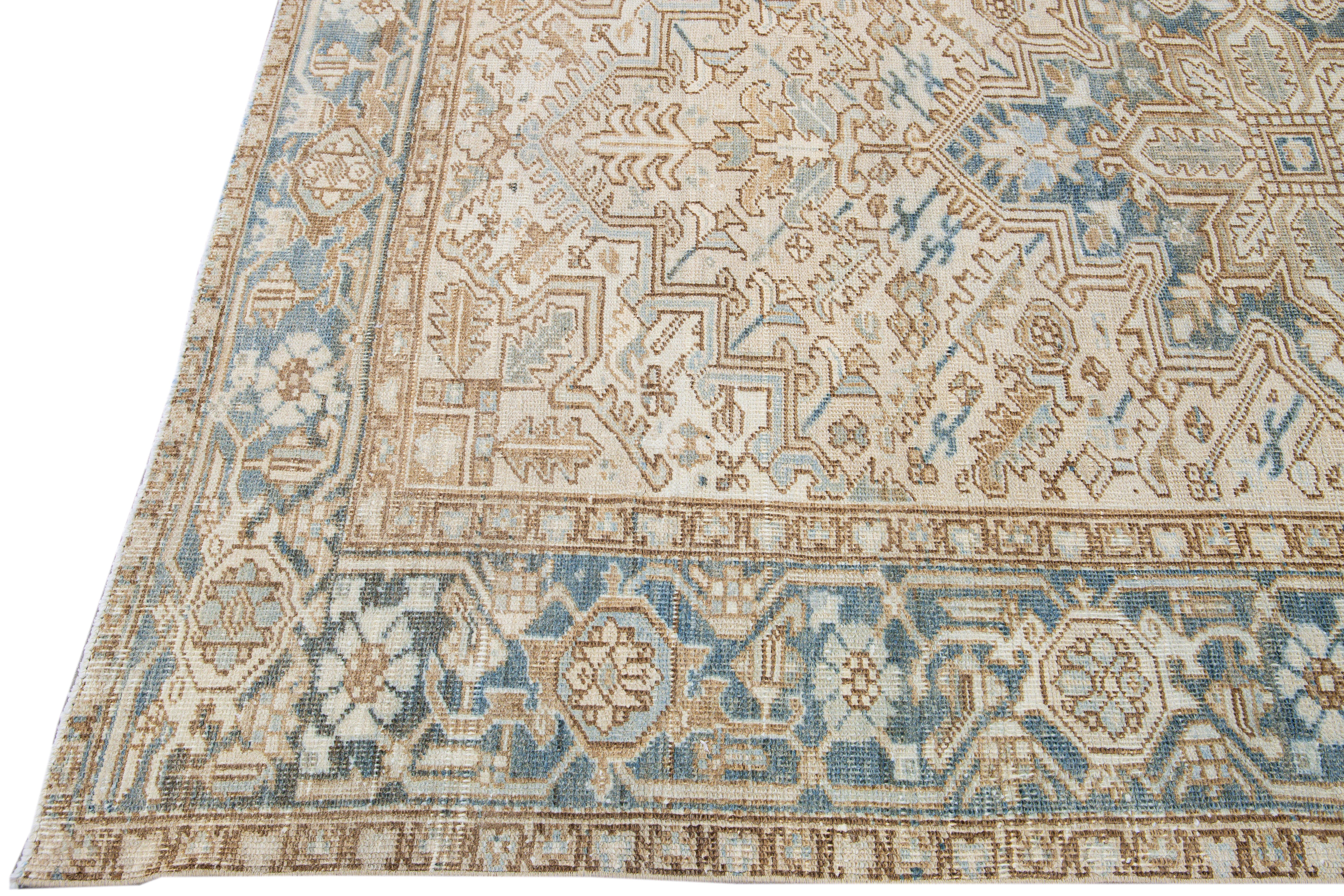 Hand-Knotted Antique Persian Heriz Handmade Geometric Medallion Beige Wool Rug For Sale