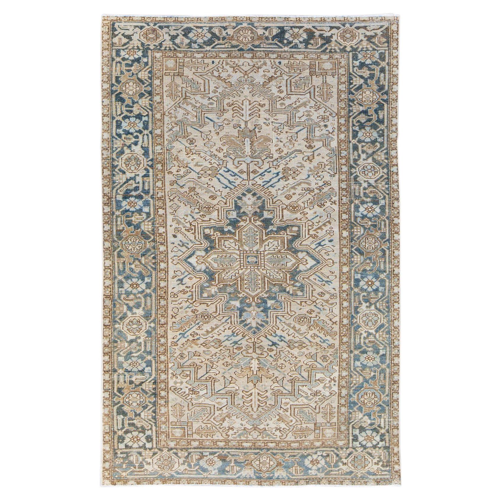 Antique Persian Heriz Handmade Geometric Medallion Beige Wool Rug For Sale