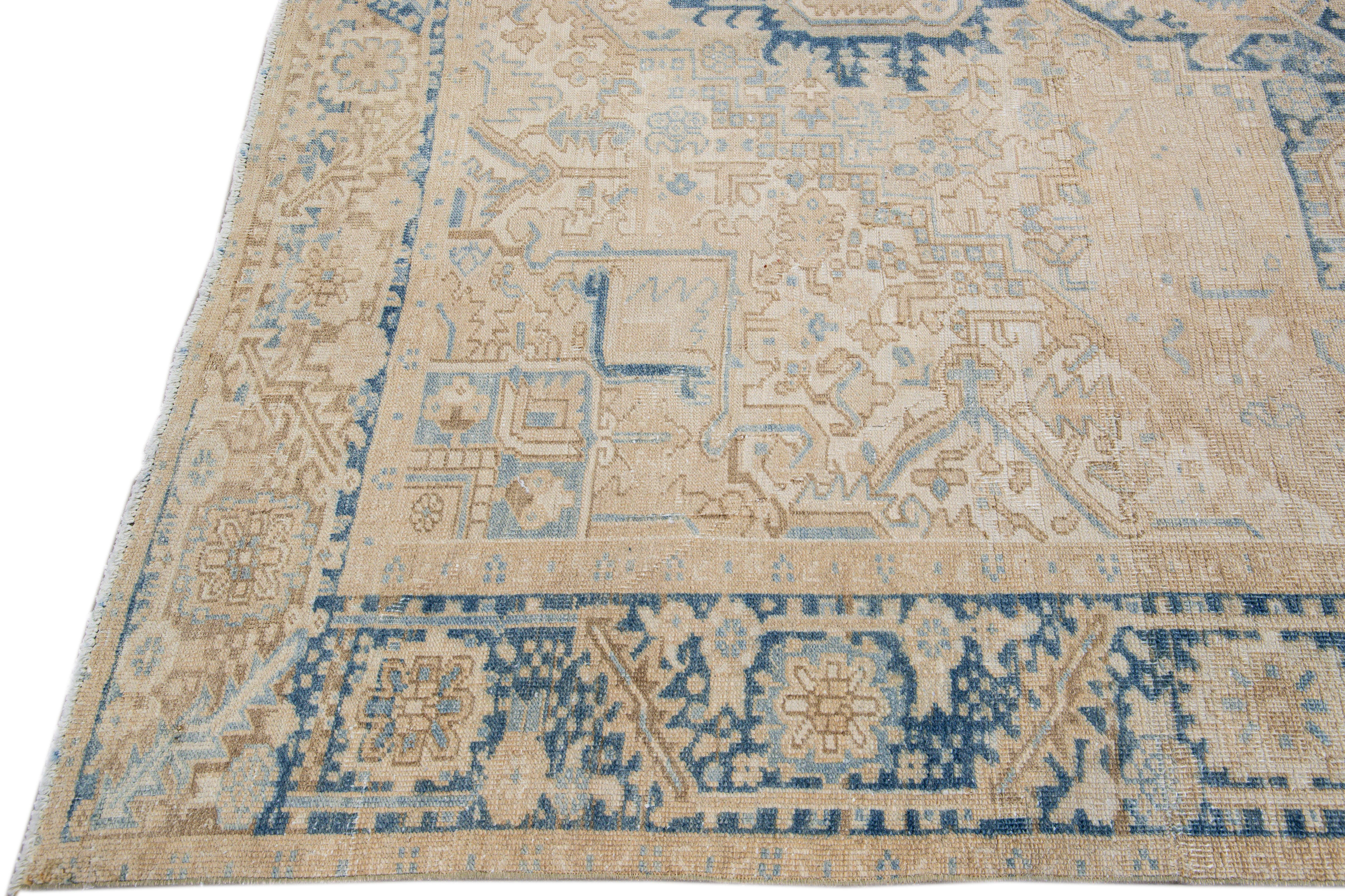 Hand-Knotted Antique Persian Heriz Handmade Medallion Beige Wool Rug For Sale
