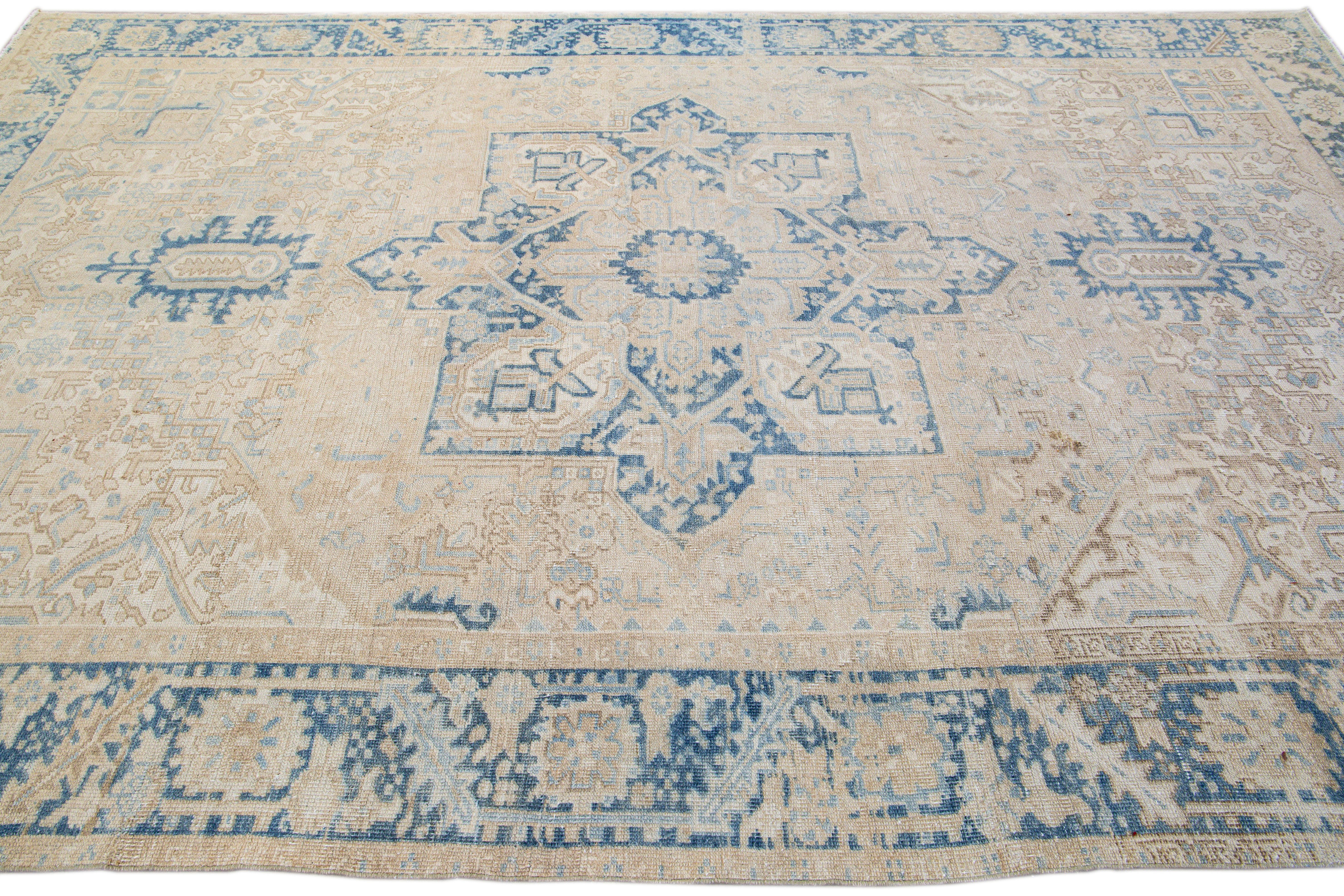 Antique Persian Heriz Handmade Medallion Beige Wool Rug For Sale 1