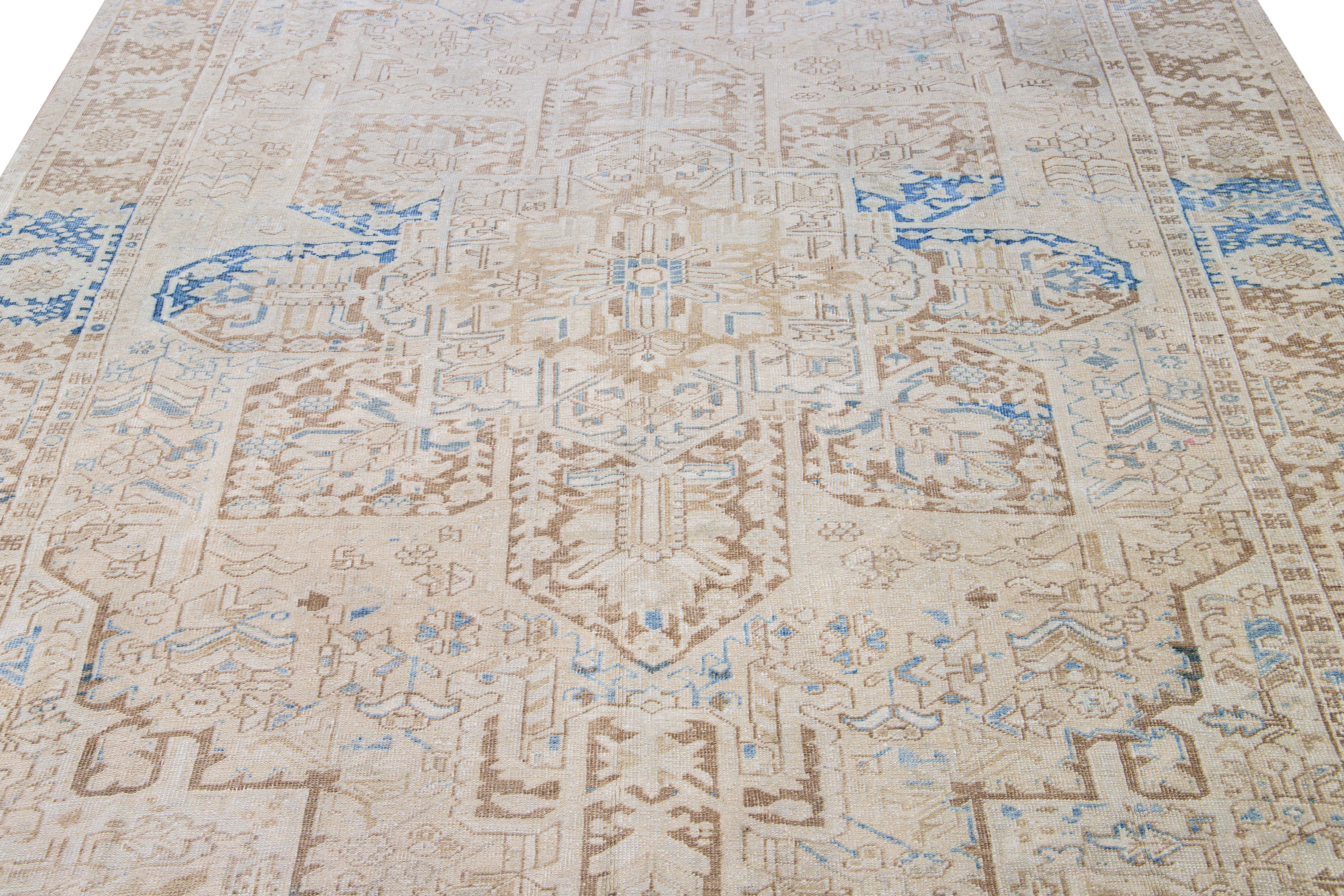 Heriz Serapi Antique Persian Heriz Handmade Medallion Designed Beige and Blue Wool Rug For Sale