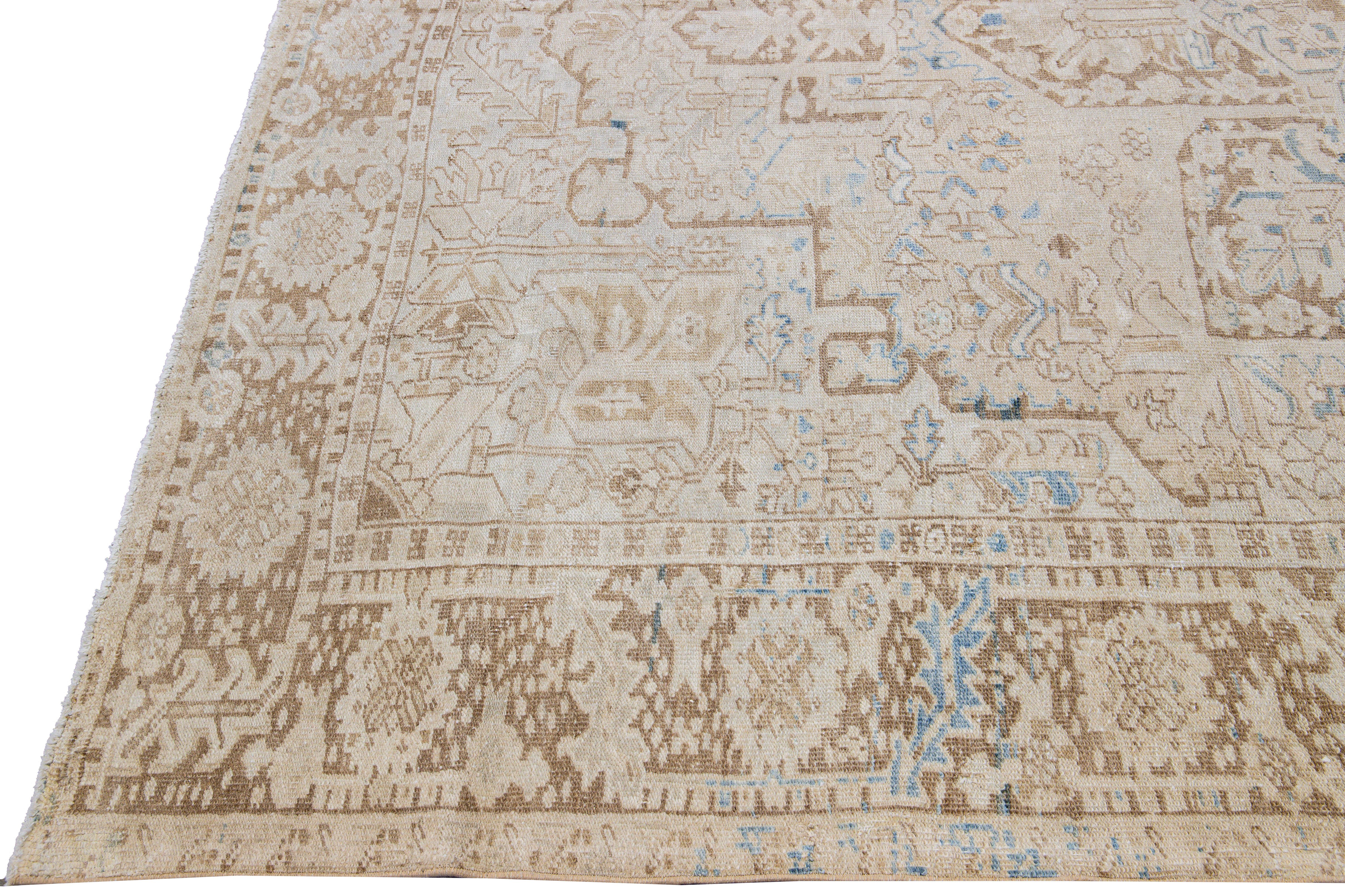 Hand-Knotted Antique Persian Heriz Handmade Medallion Designed Beige and Blue Wool Rug For Sale