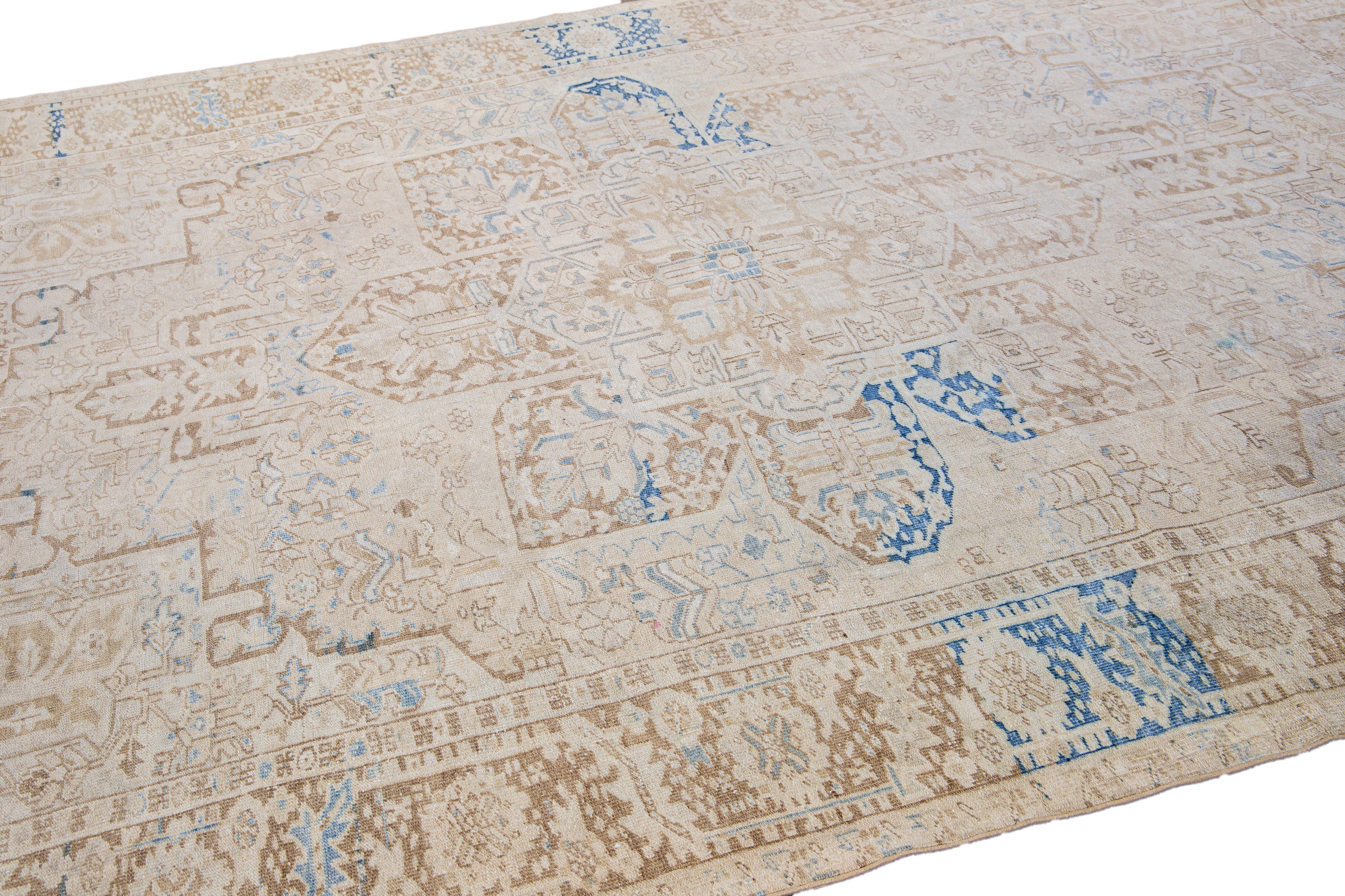 Antique Persian Heriz Handmade Medallion Designed Beige and Blue Wool Rug In Good Condition For Sale In Norwalk, CT
