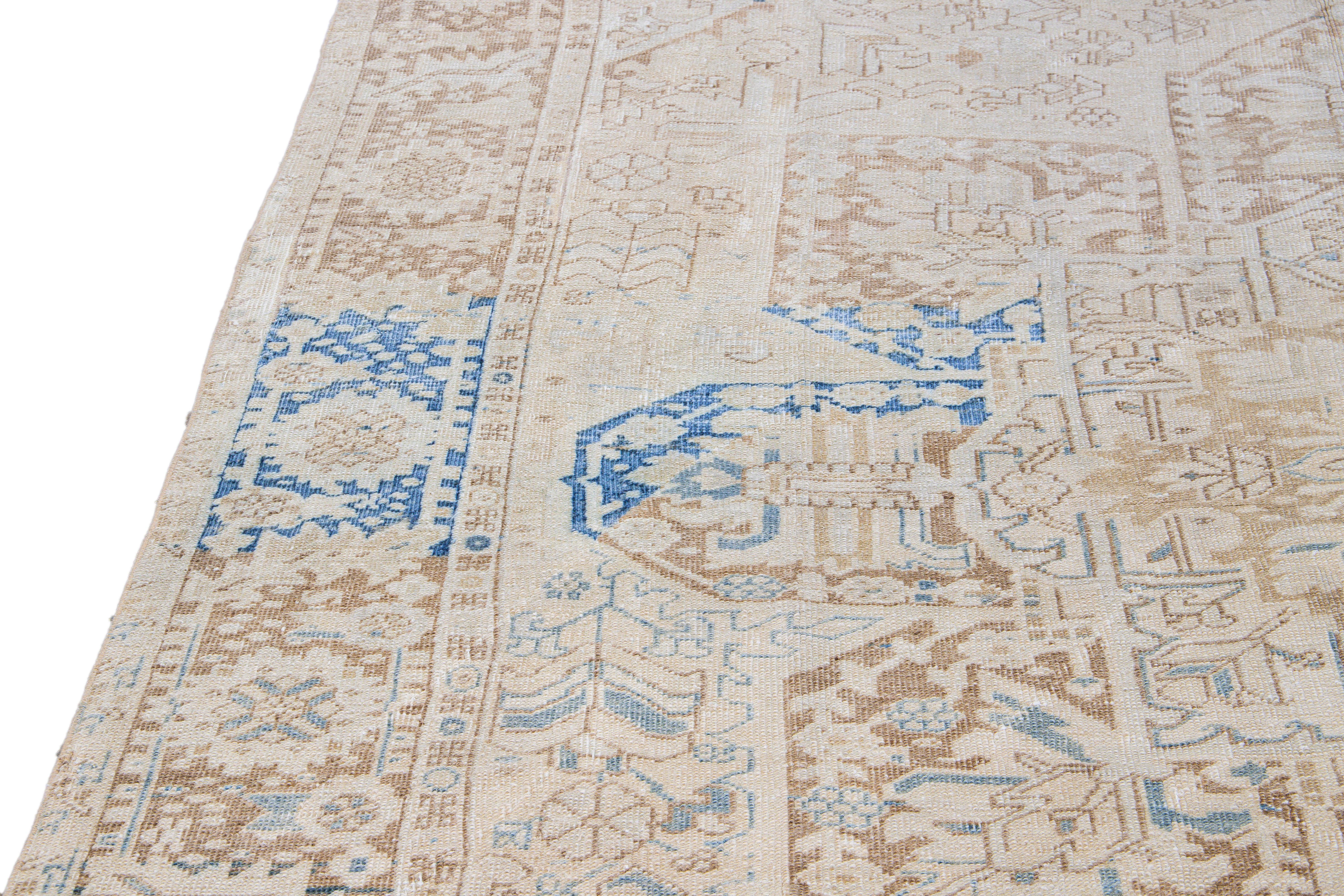 Antique Persian Heriz Handmade Medallion Designed Beige and Blue Wool Rug For Sale 2