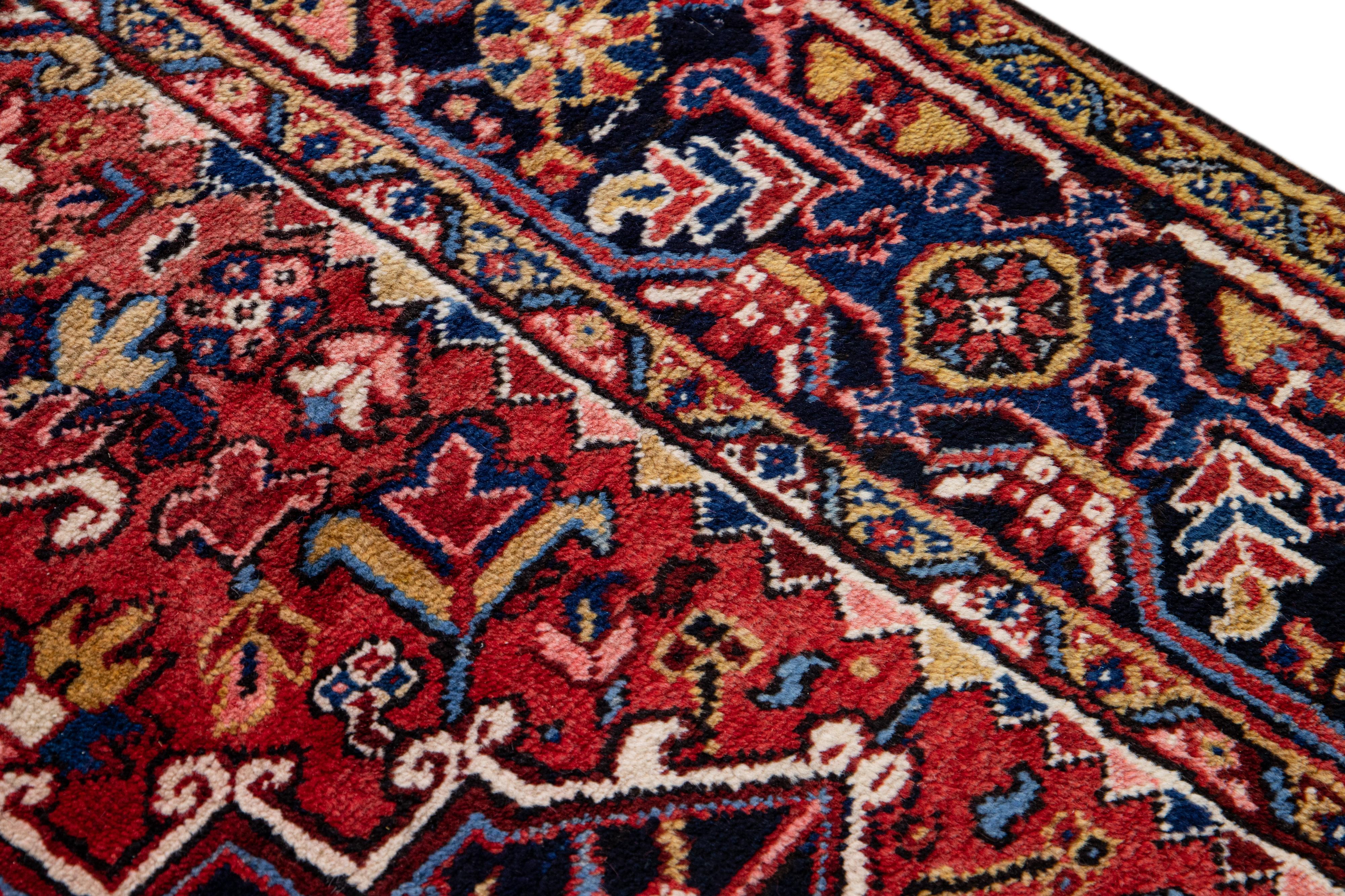 Antique Persian Heriz Handmade Medallion Designed Red Wool Rug For Sale 4
