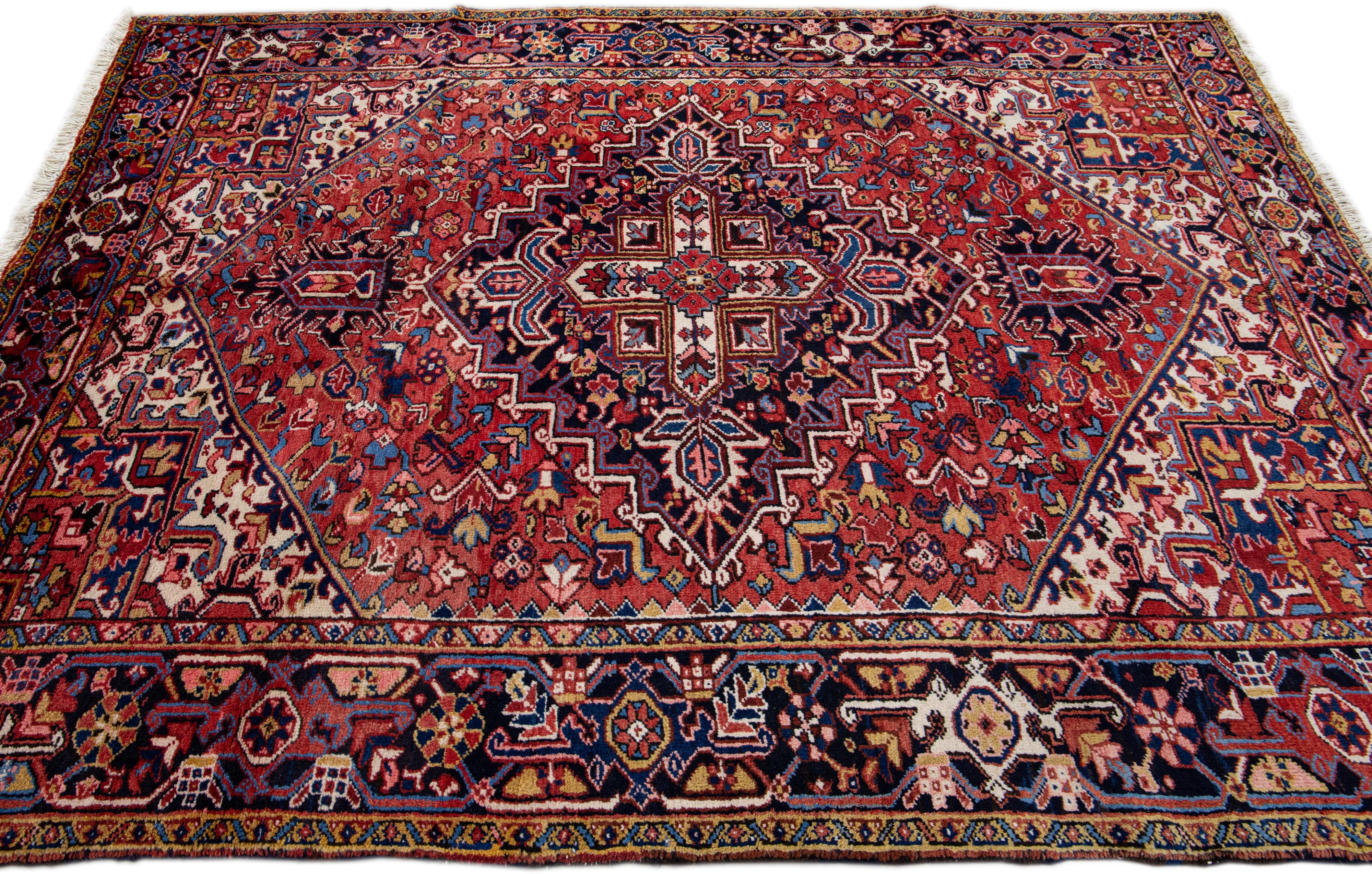 Antique Persian Heriz Handmade Medallion Designed Red Wool Rug In Good Condition For Sale In Norwalk, CT