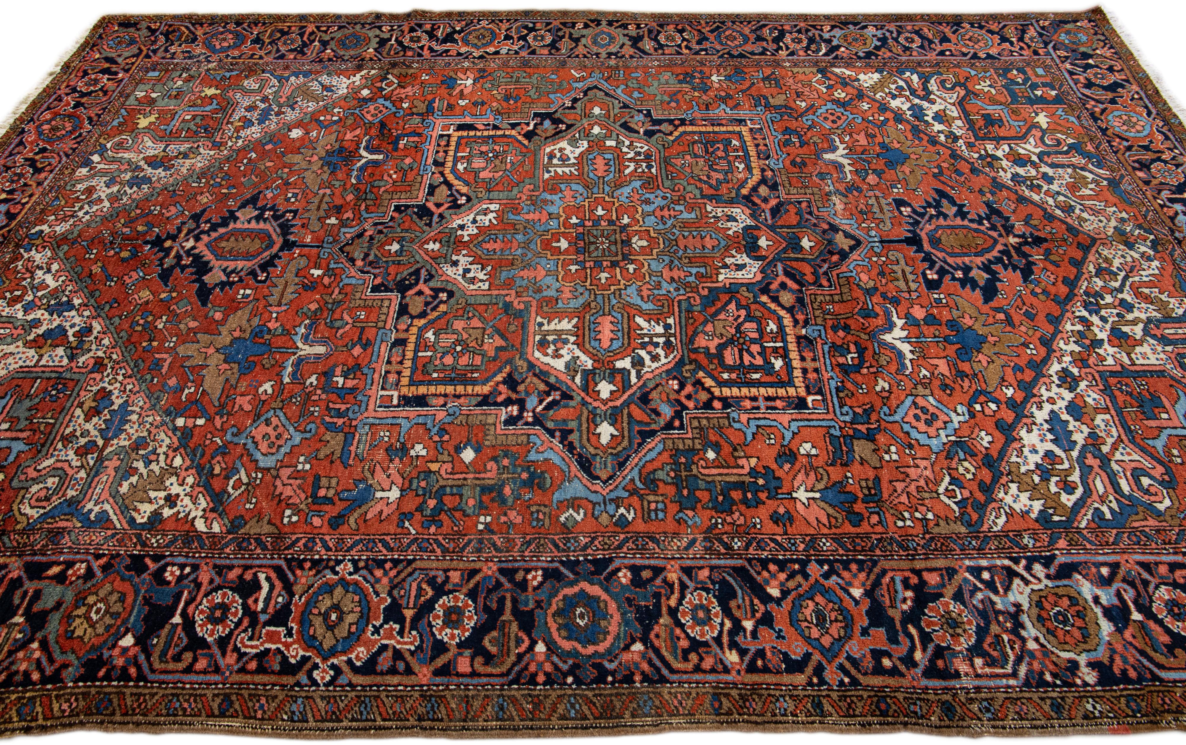 Antique Persian Heriz Handmade Medallion Designed Rust Wool Rug  In Good Condition For Sale In Norwalk, CT