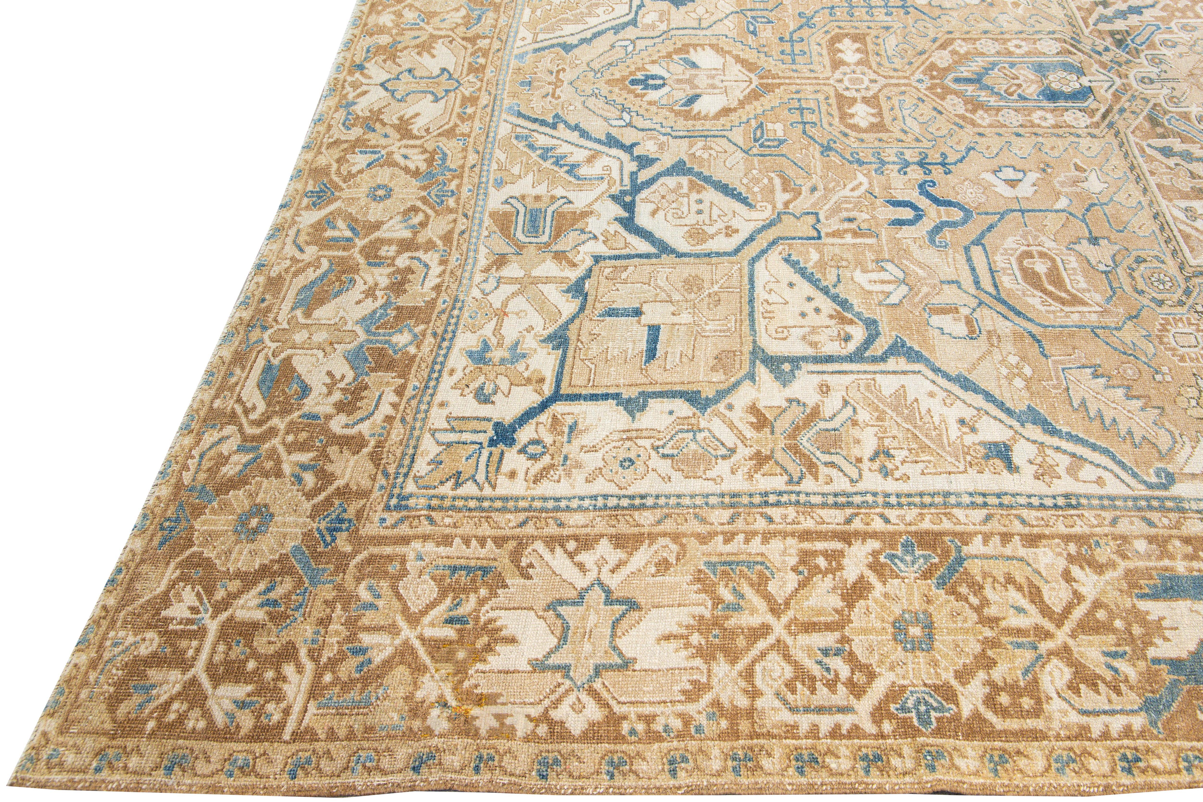 Antique Persian Heriz Handmade Medallion Tan and Blue Wool Rug In Good Condition For Sale In Norwalk, CT