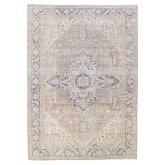 Antique Persian Heriz Handmade Medallion Tan And Blue Wool Rug