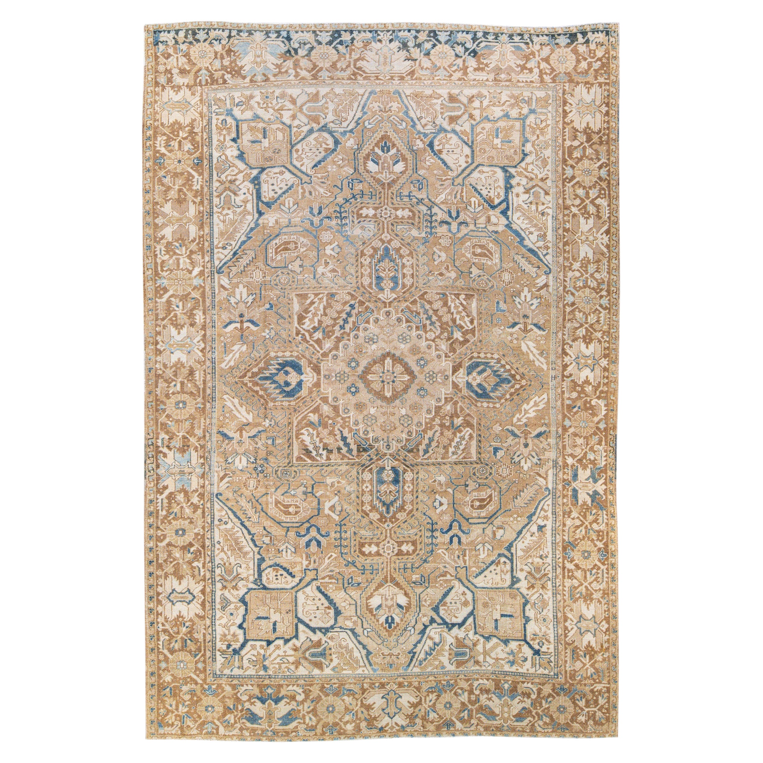 Antique tapis de laine persan Heriz médaillon fait à la main - Tan et bleu