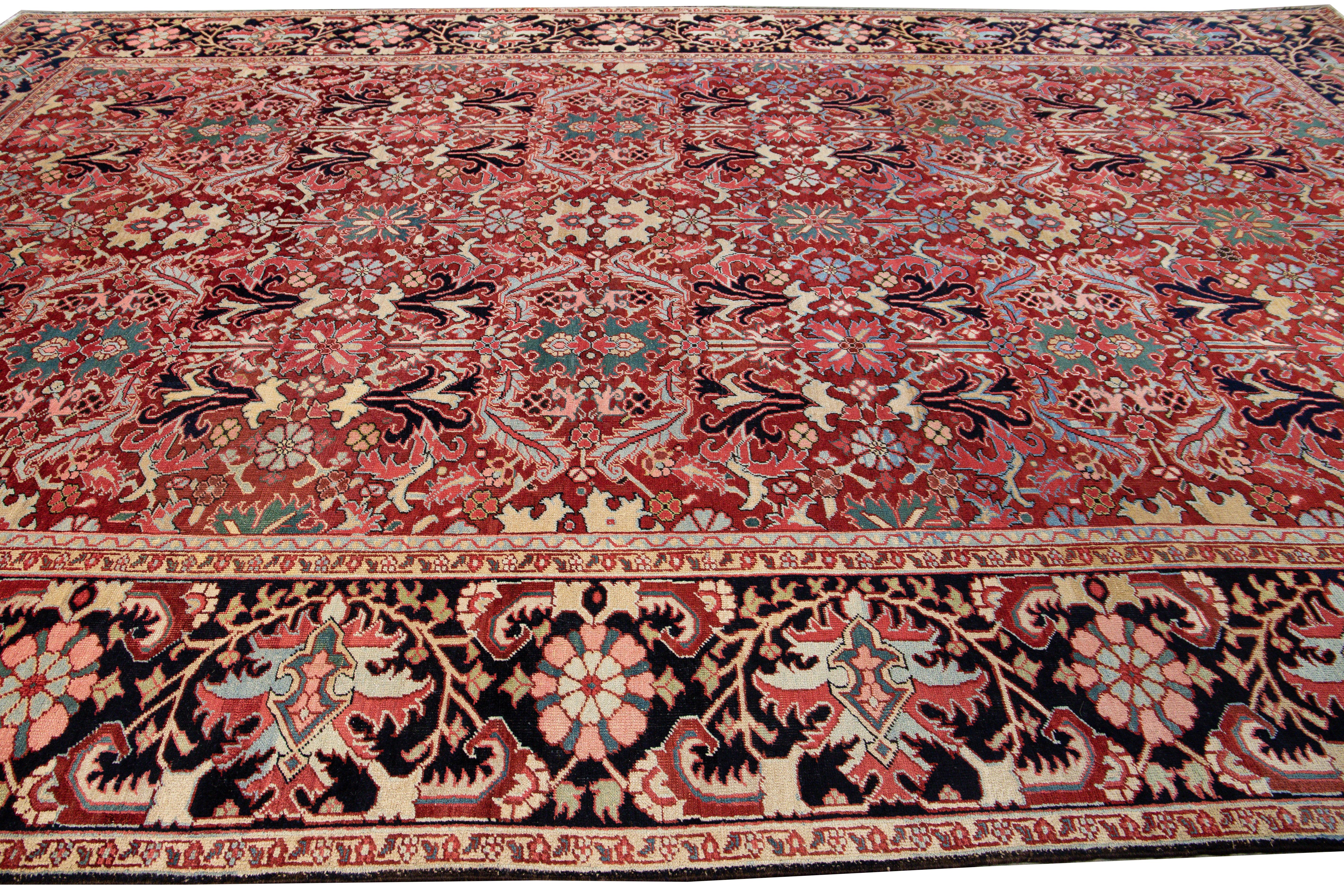 Late 19th Century Antique Persian Heriz Handmade Multicolor Floral Designed Red Oversize Wool Rug For Sale