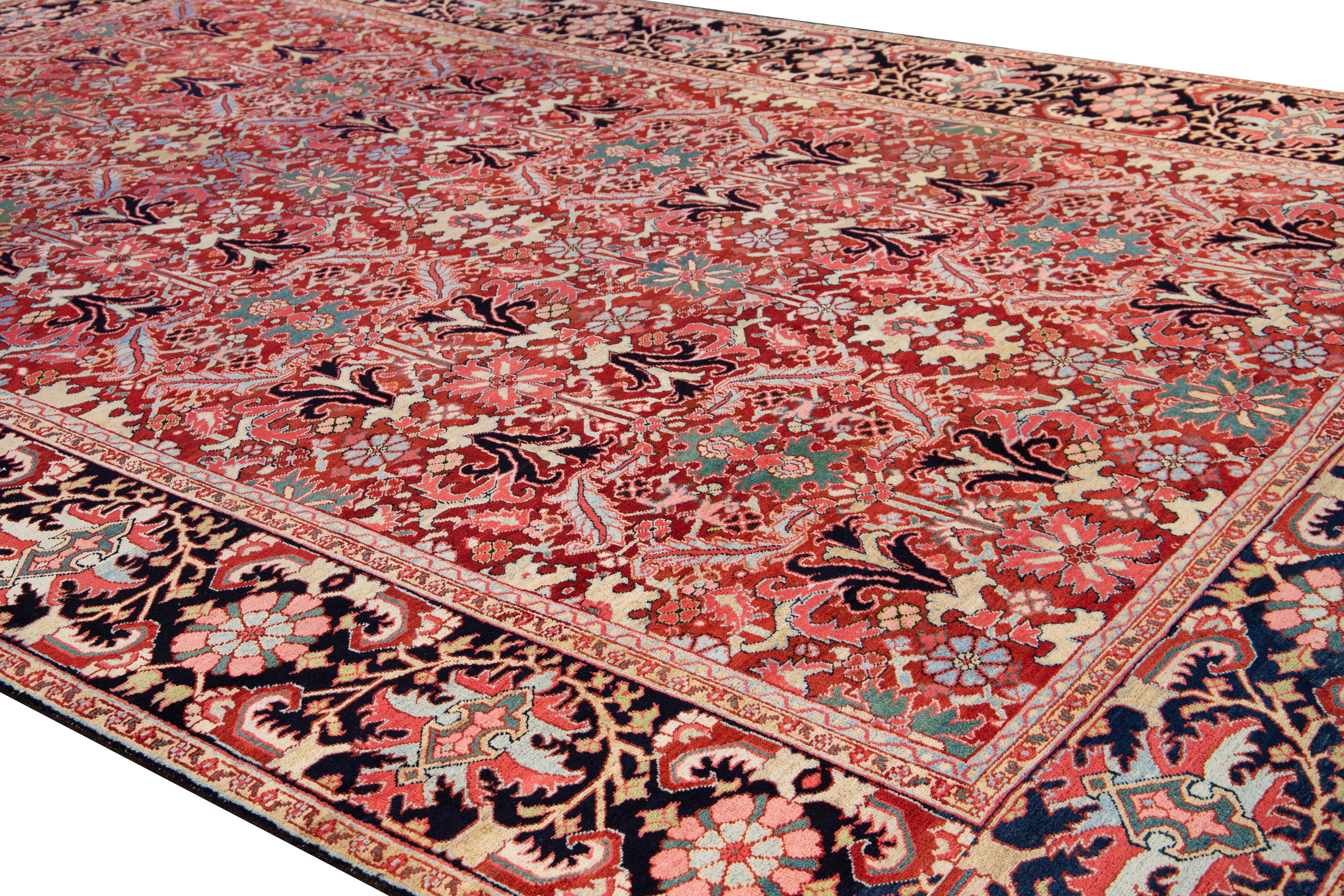 Antique Persian Heriz Handmade Multicolor Floral Designed Red Oversize Wool Rug For Sale 1