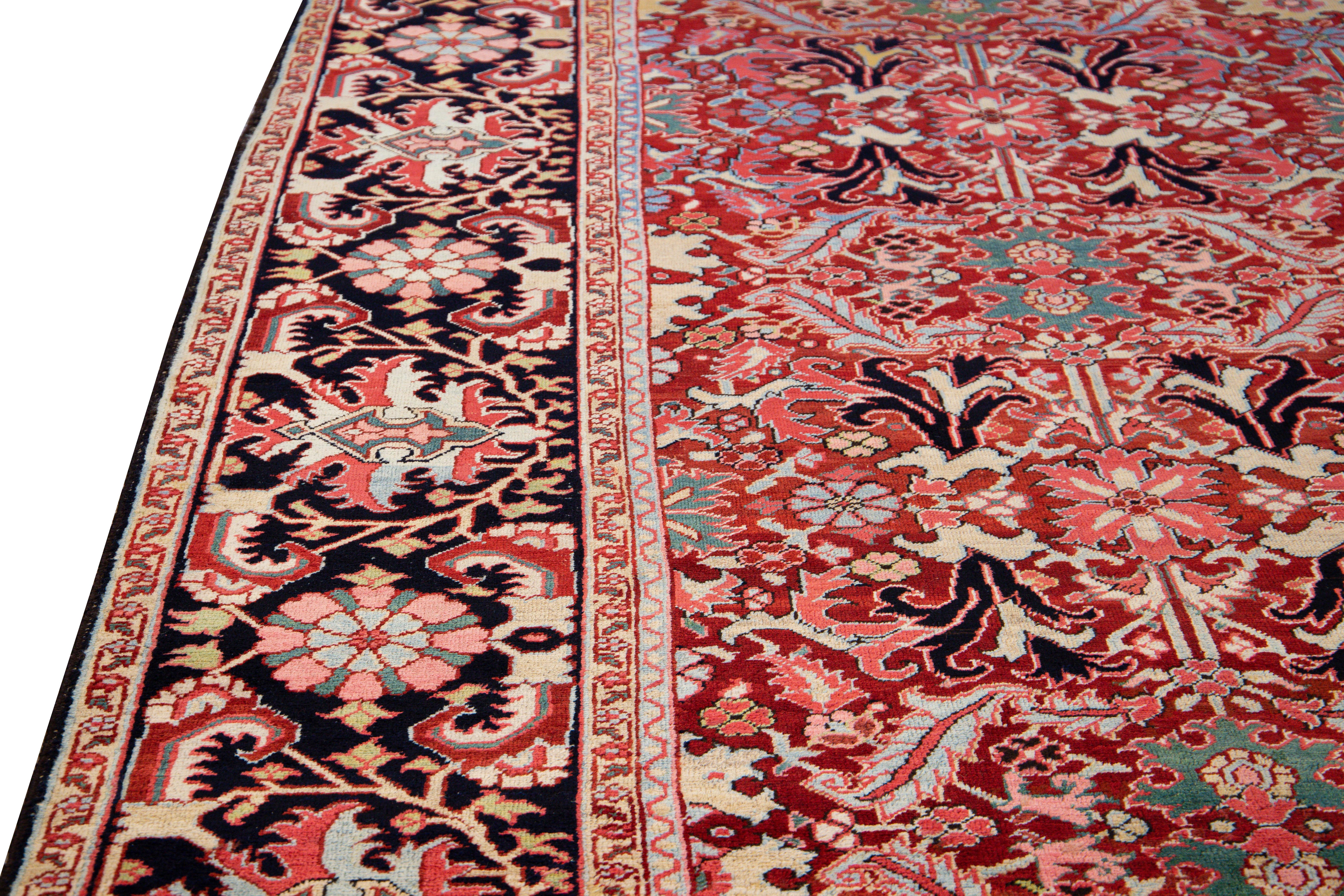 Antique Persian Heriz Handmade Multicolor Floral Designed Red Oversize Wool Rug For Sale 2