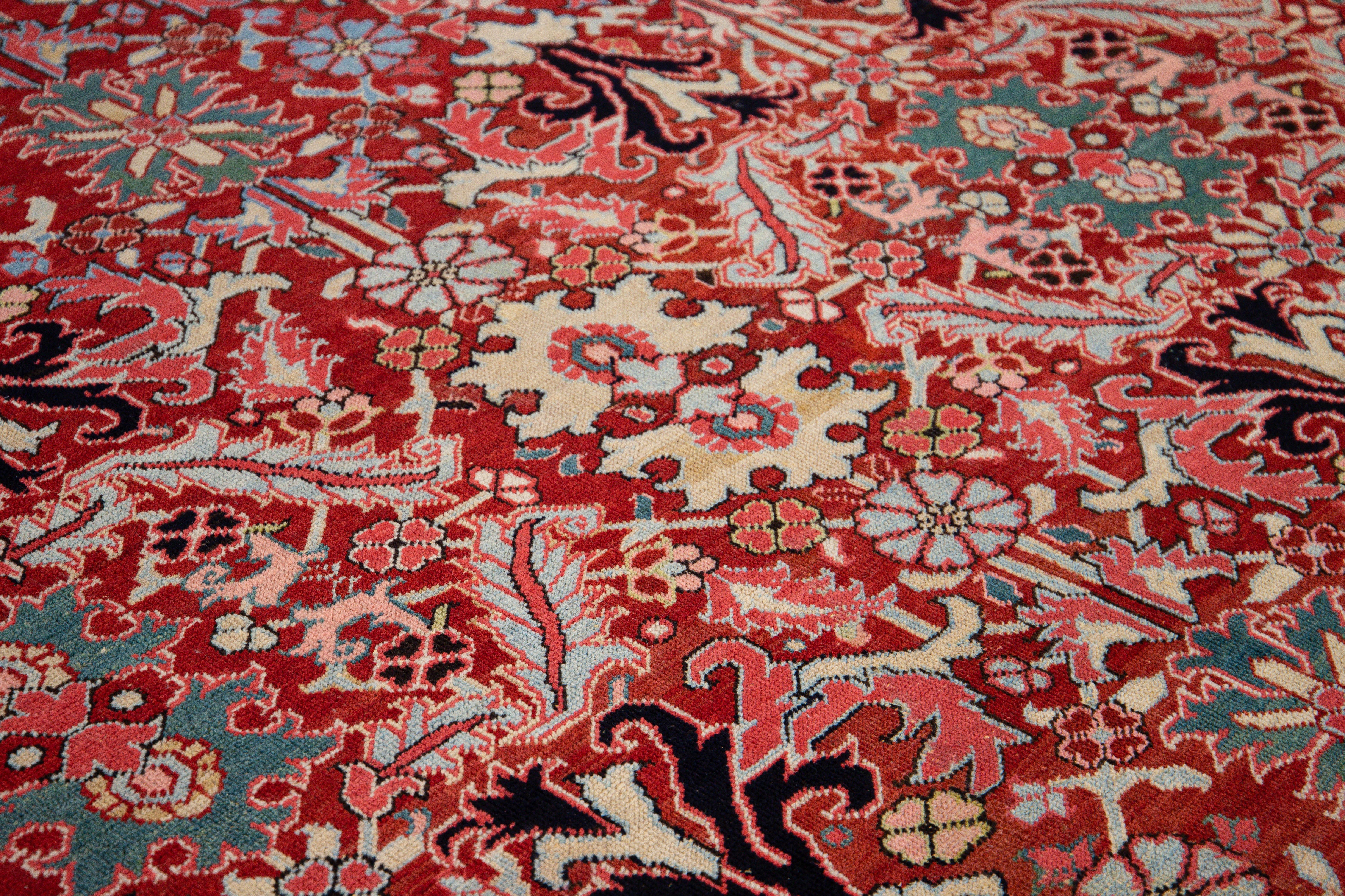 Antique Persian Heriz Handmade Multicolor Floral Designed Red Oversize Wool Rug For Sale 3