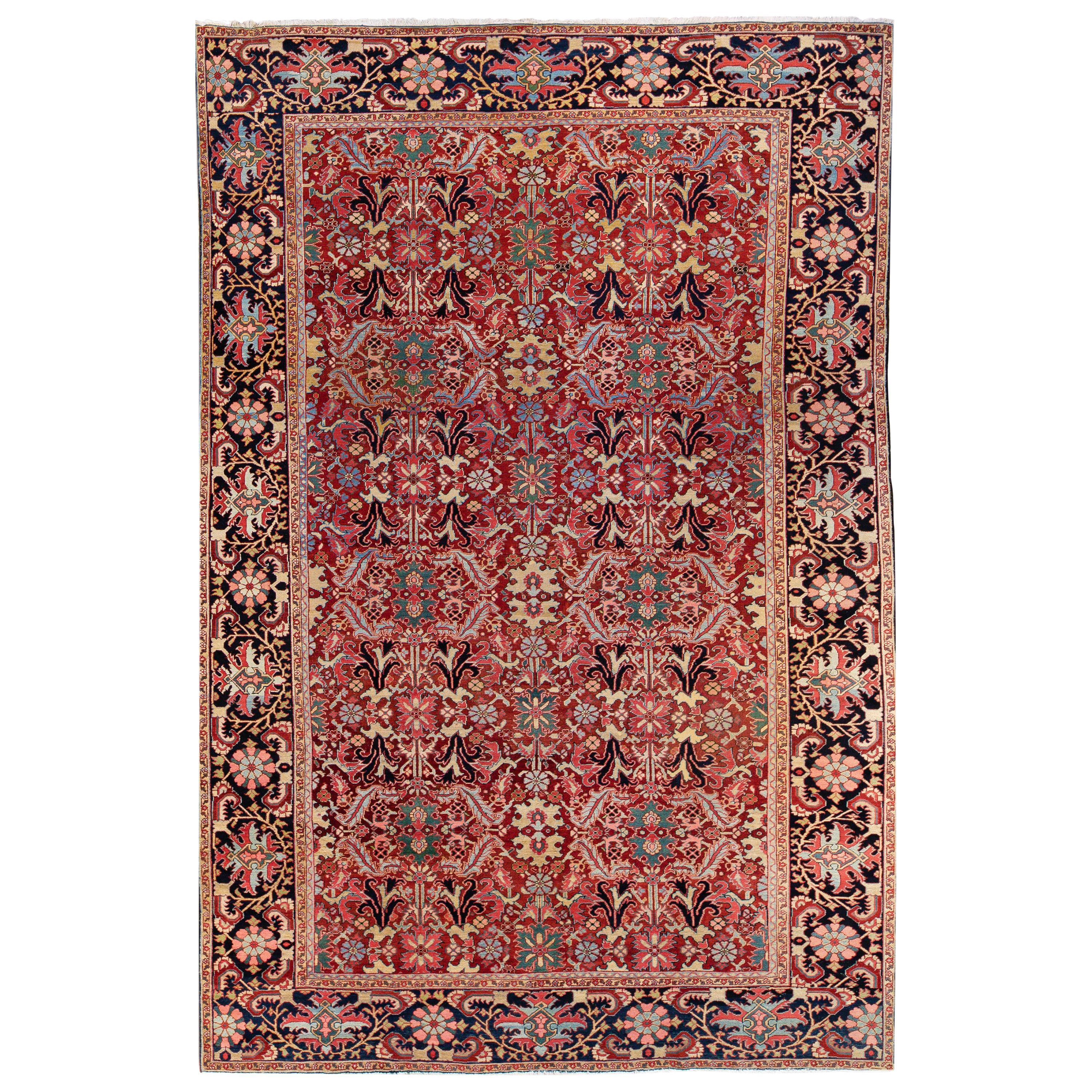 Antiker persischer Heriz handgefertigter mehrfarbiger, floral gestalteter roter Oversize-Wollteppich in Übergröße