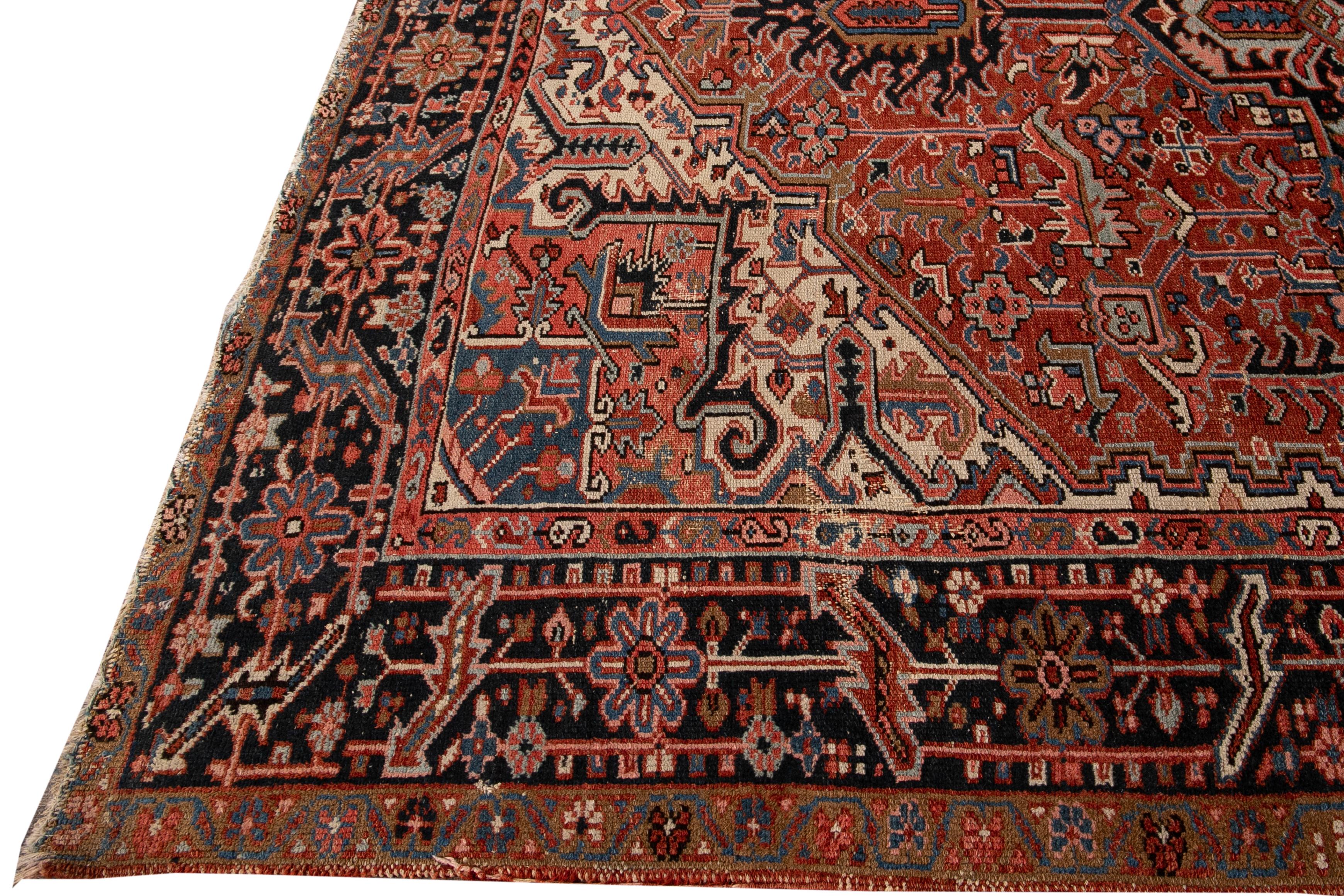 Heriz Serapi Antique Persian Heriz Handmade Multicolor Medallion Wool Rug For Sale