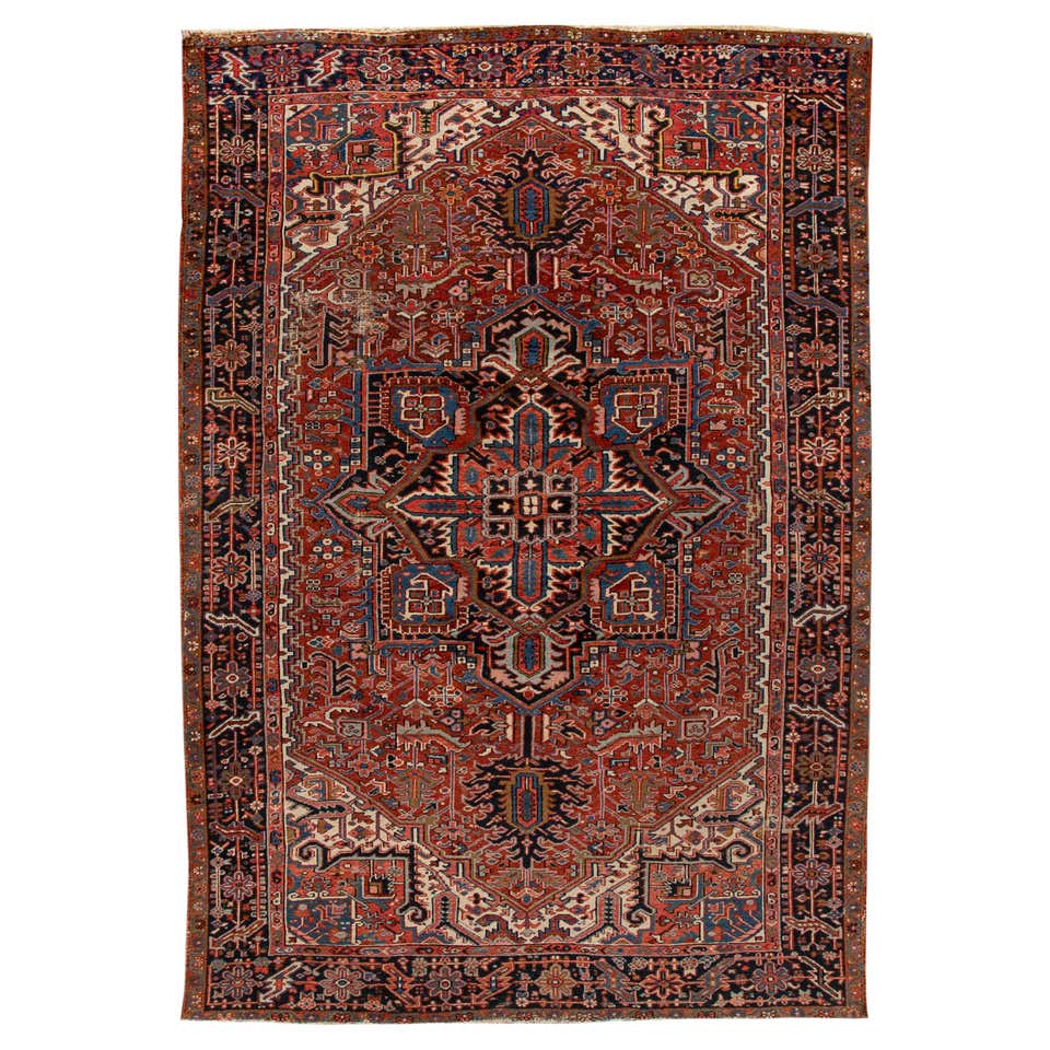 Antique Persian Heriz Handmade Multicolor Medallion Wool Rug For Sale