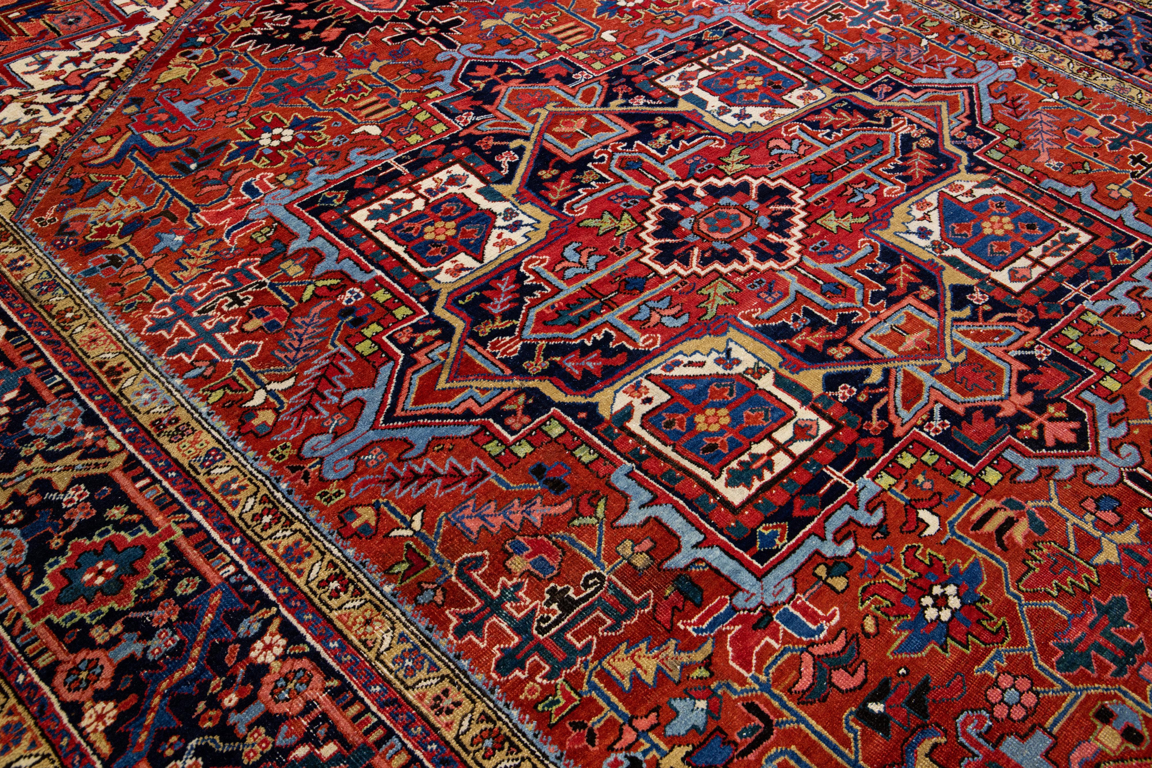 Antique Persian Heriz Handmade Orange-Rust Wool Rug with Medallion Design For Sale 3