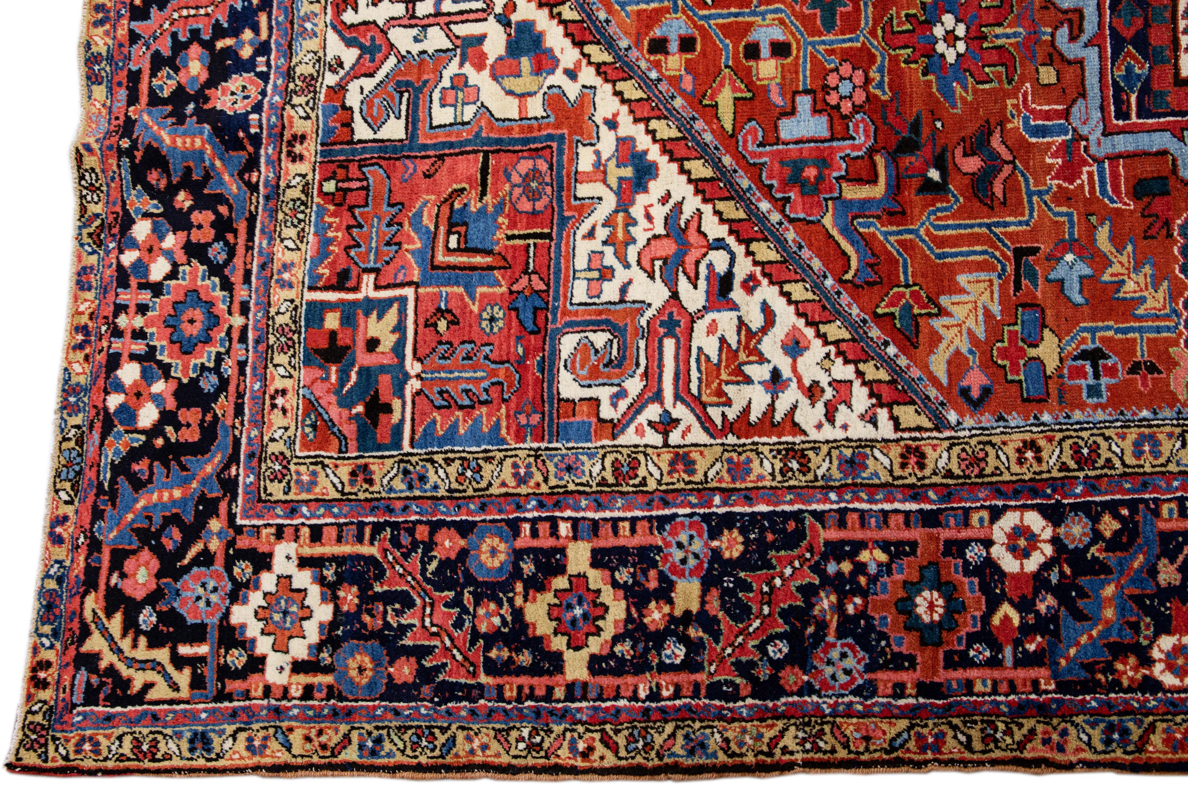 Heriz Serapi Antique Persian Heriz Handmade Orange-Rust Wool Rug with Medallion Design For Sale