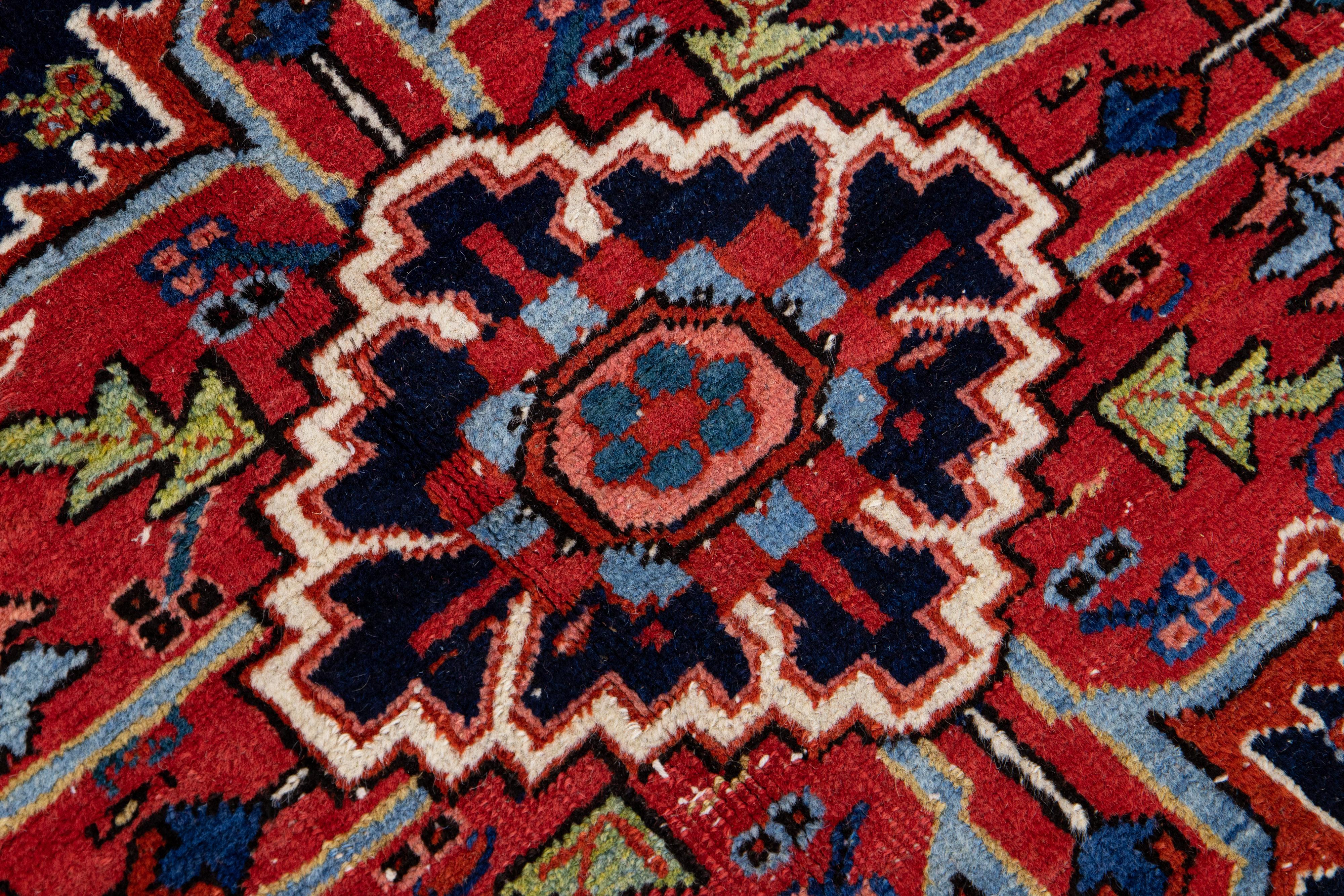 Antique Persian Heriz Handmade Orange-Rust Wool Rug with Medallion Design For Sale 1