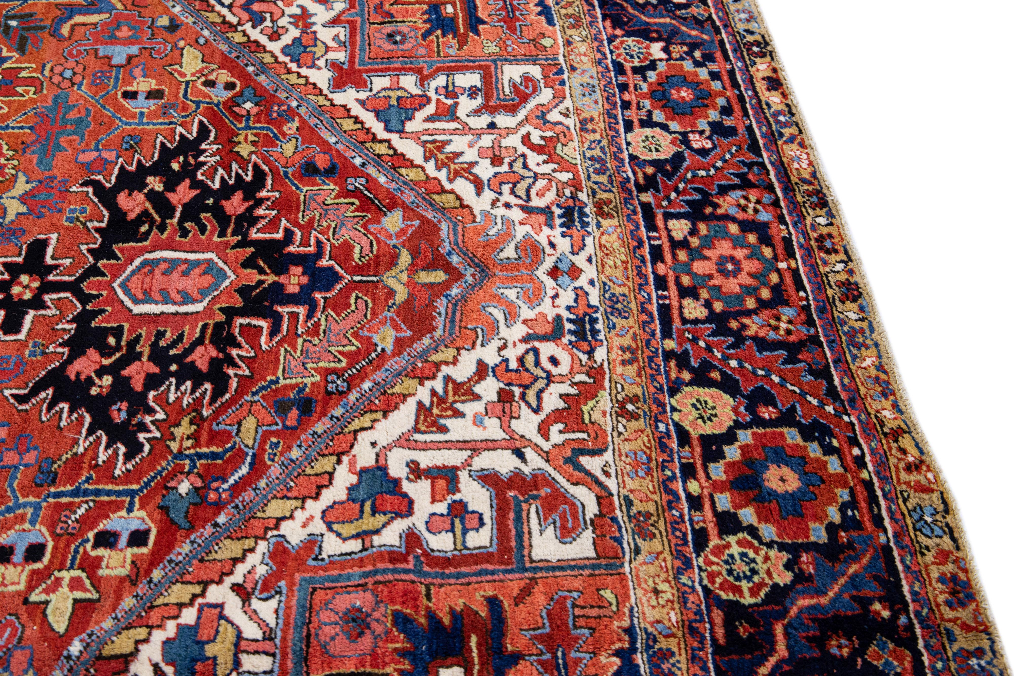 Antique Persian Heriz Handmade Orange-Rust Wool Rug with Medallion Design For Sale 2