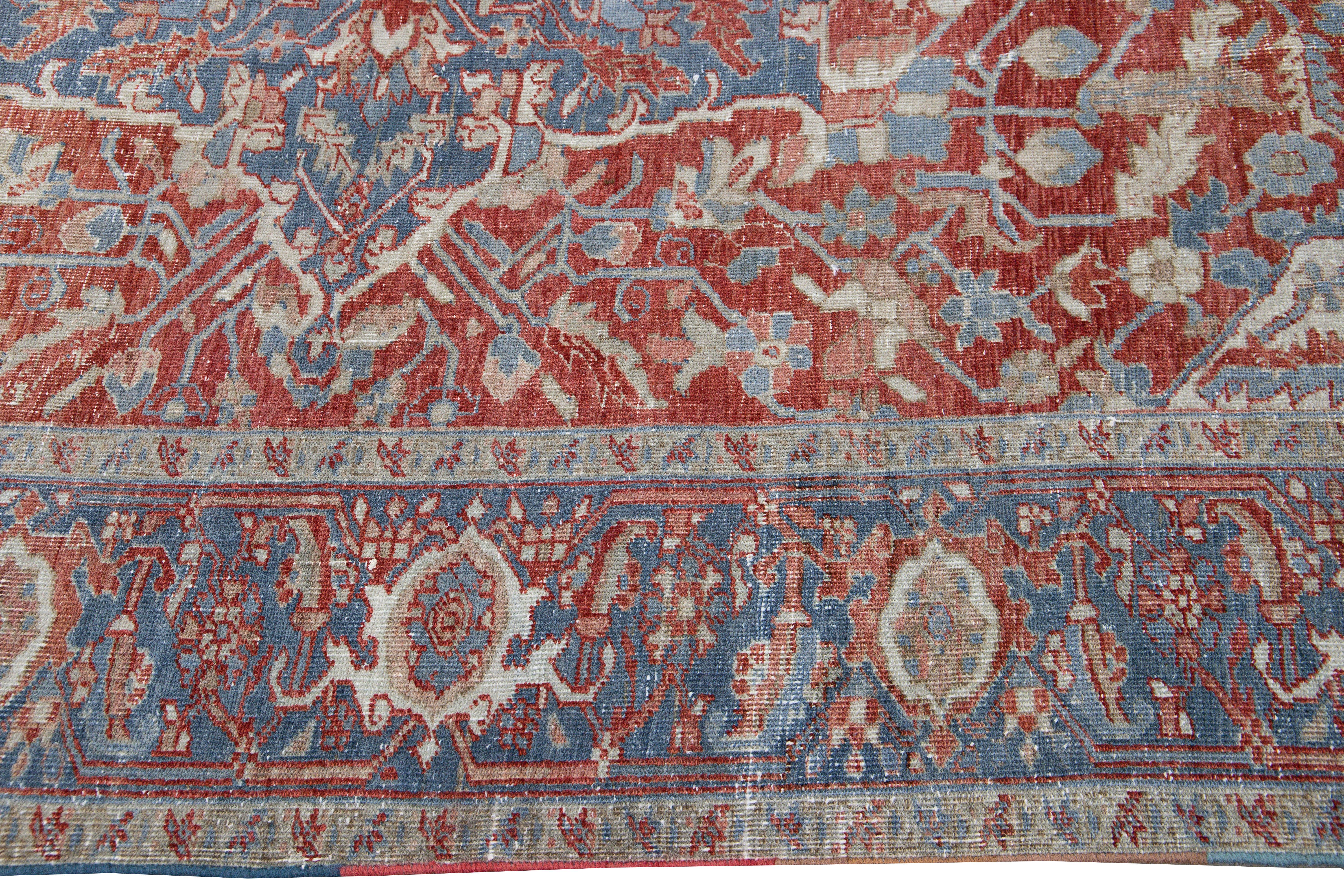 Antique Persian Heriz Handmade Red and Blue Medallion Floral Wool Rug For Sale 4