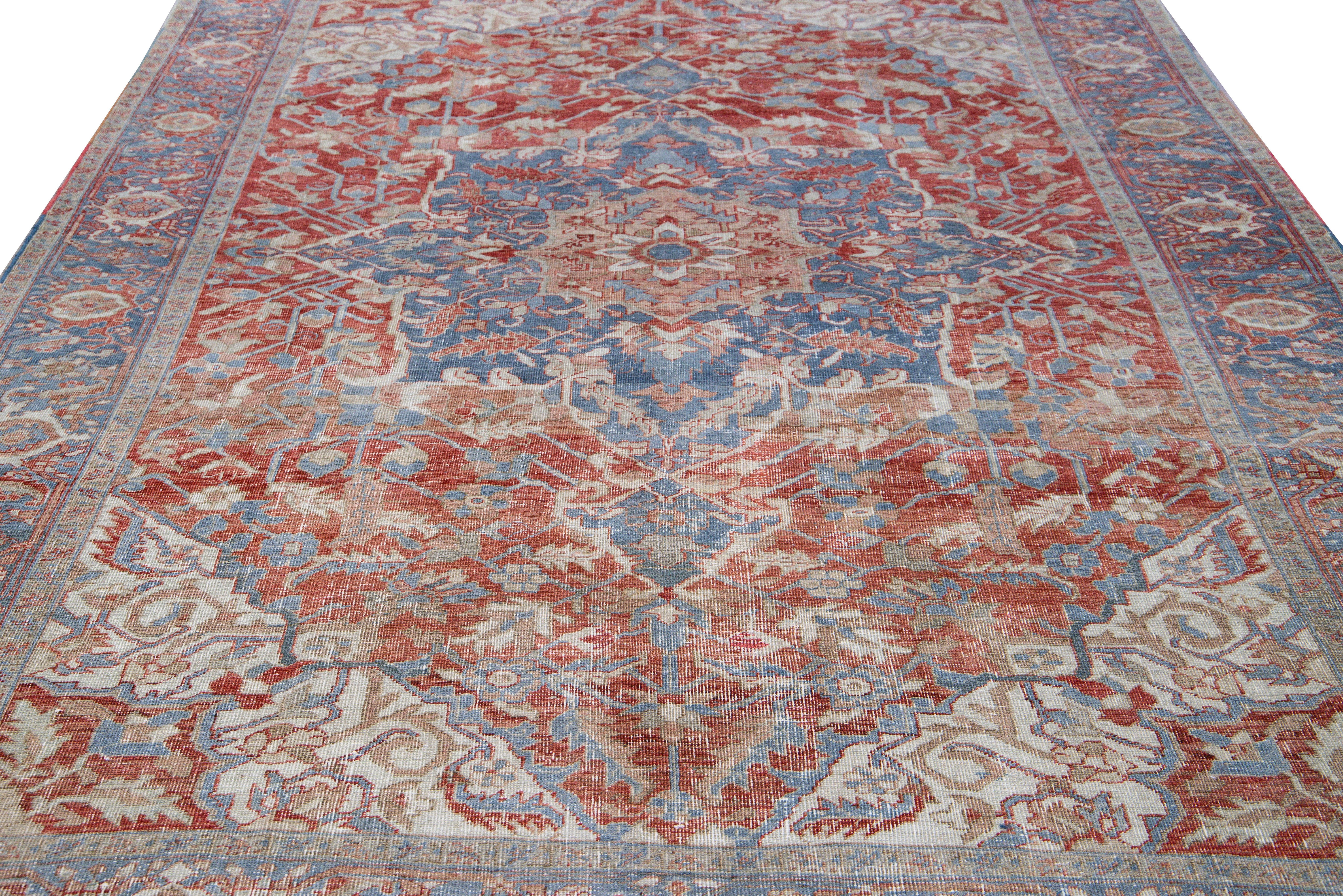 Heriz Serapi Antique Persian Heriz Handmade Red and Blue Medallion Floral Wool Rug For Sale