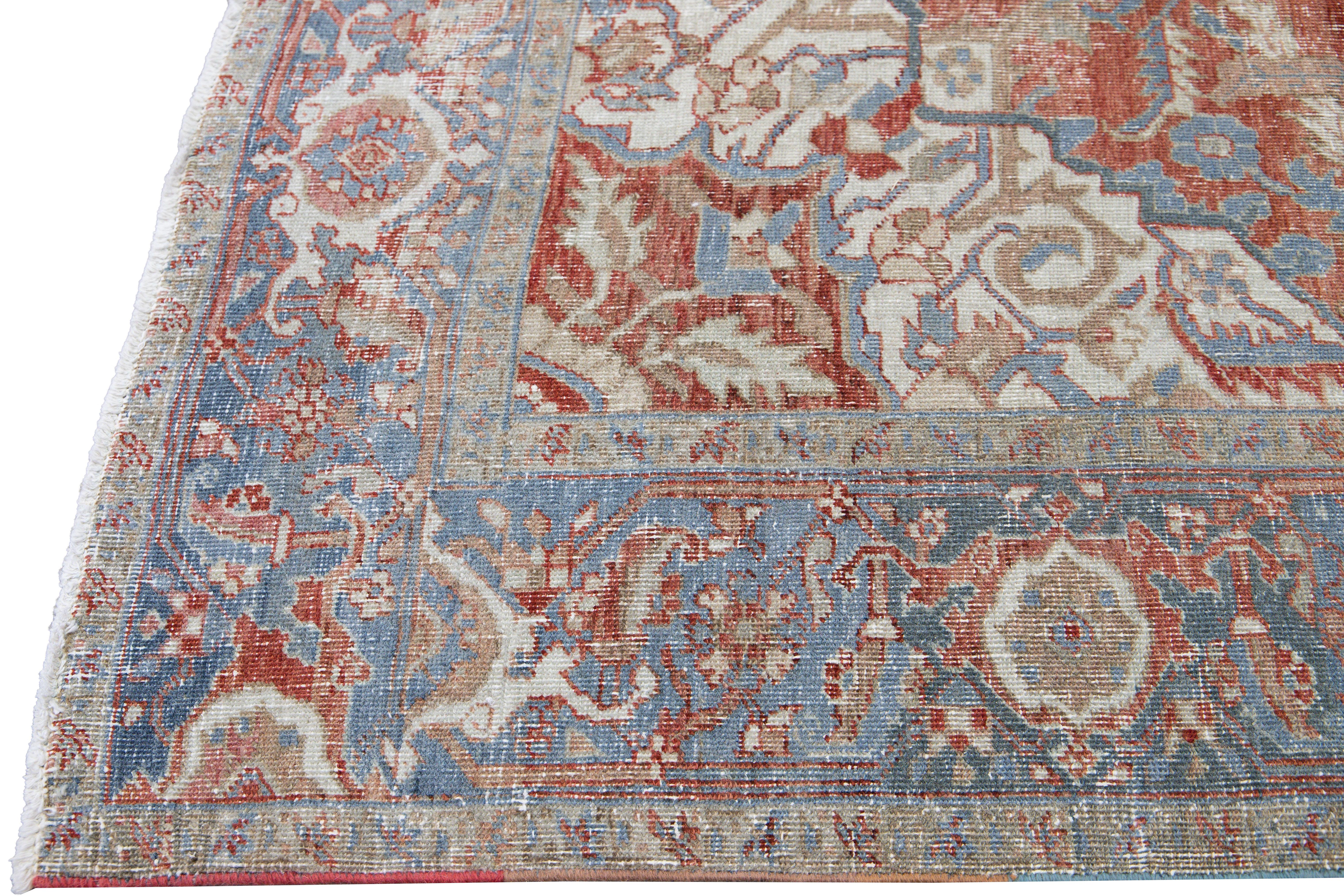 Hand-Knotted Antique Persian Heriz Handmade Red and Blue Medallion Floral Wool Rug For Sale