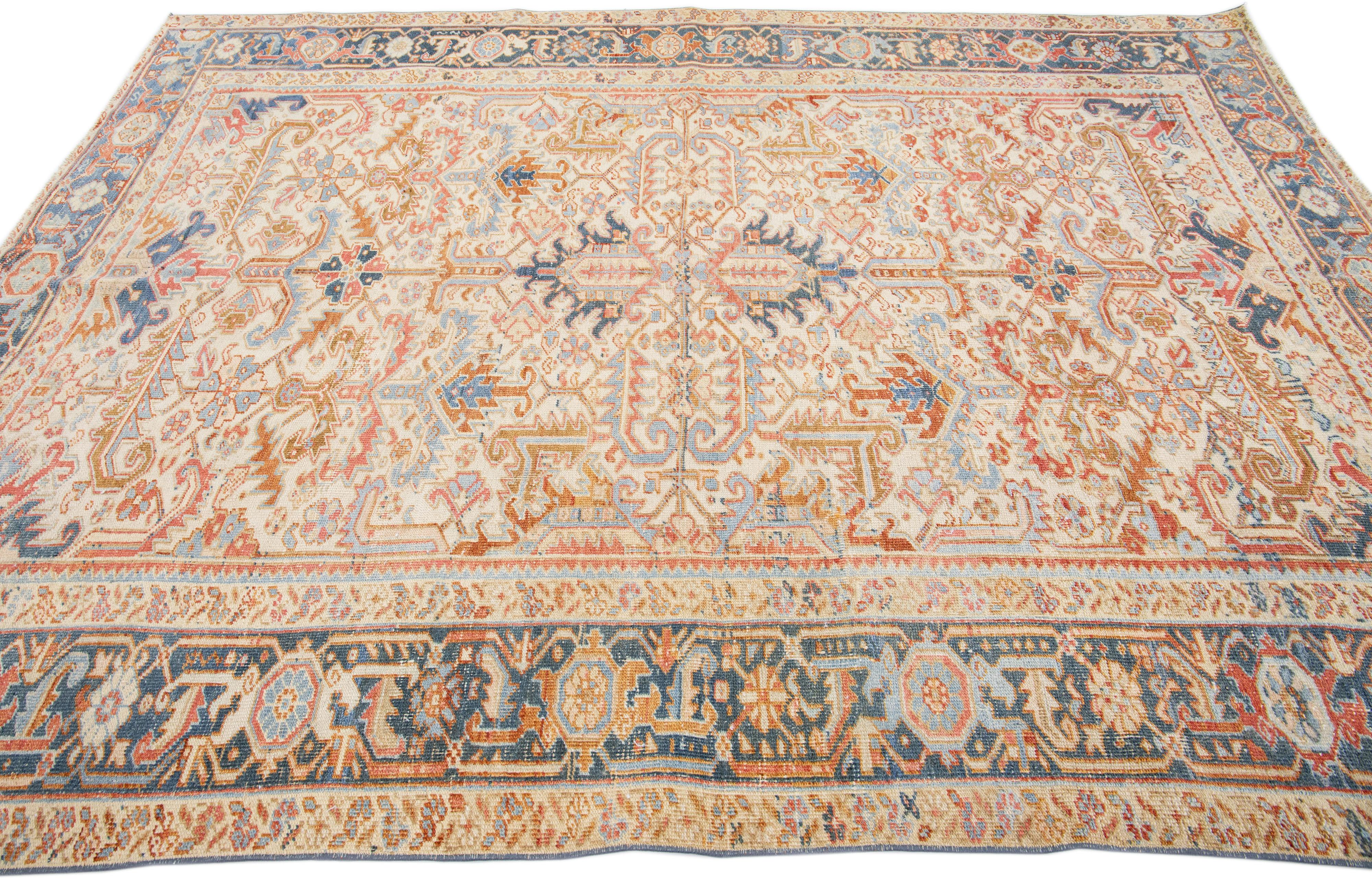 Hand-Knotted Antique Persian Heriz Handmade Rust Wool Rug with All over Design For Sale