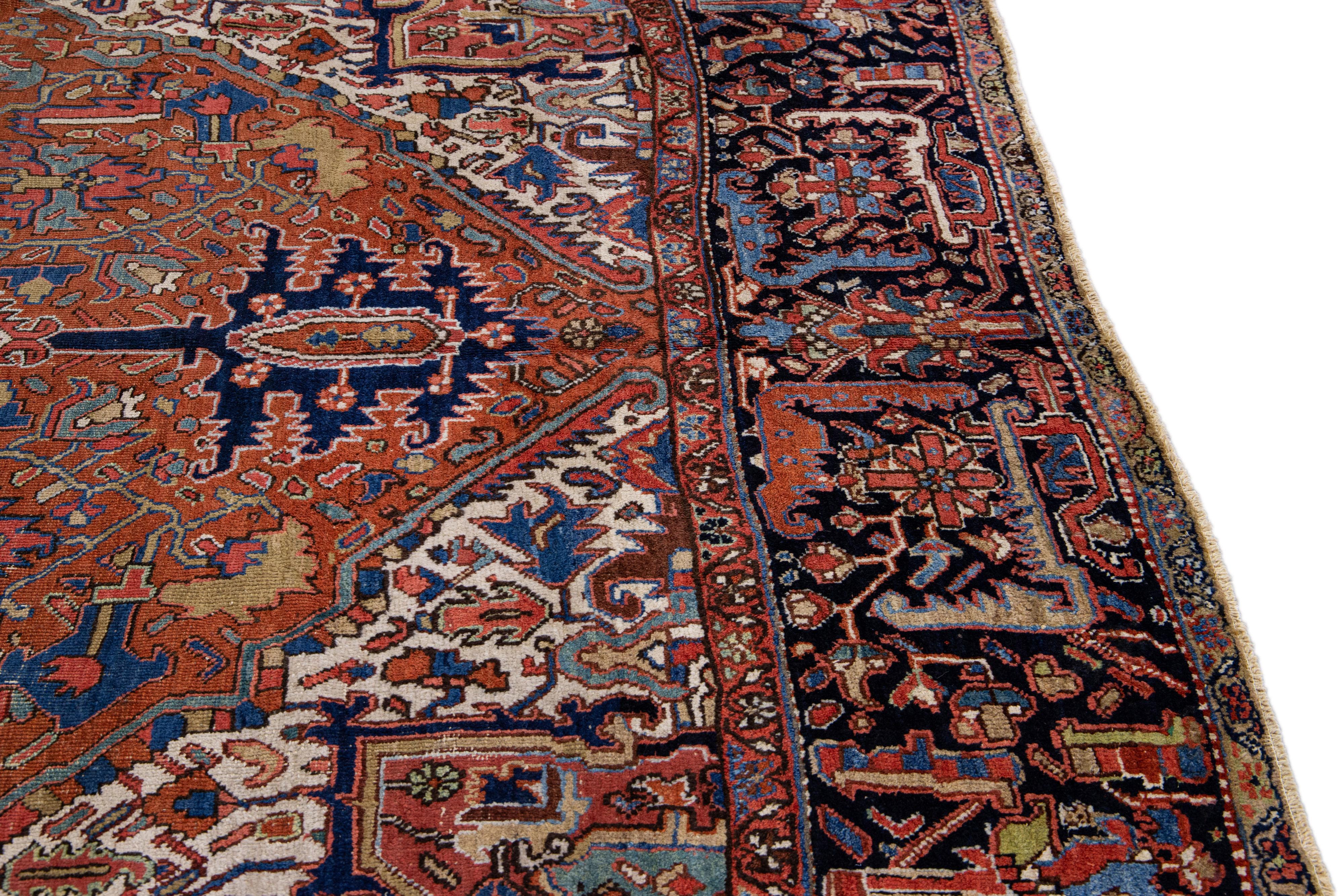  Antique Persian Heriz Handmade Rust Wool Rug with Medallion Design For Sale 3
