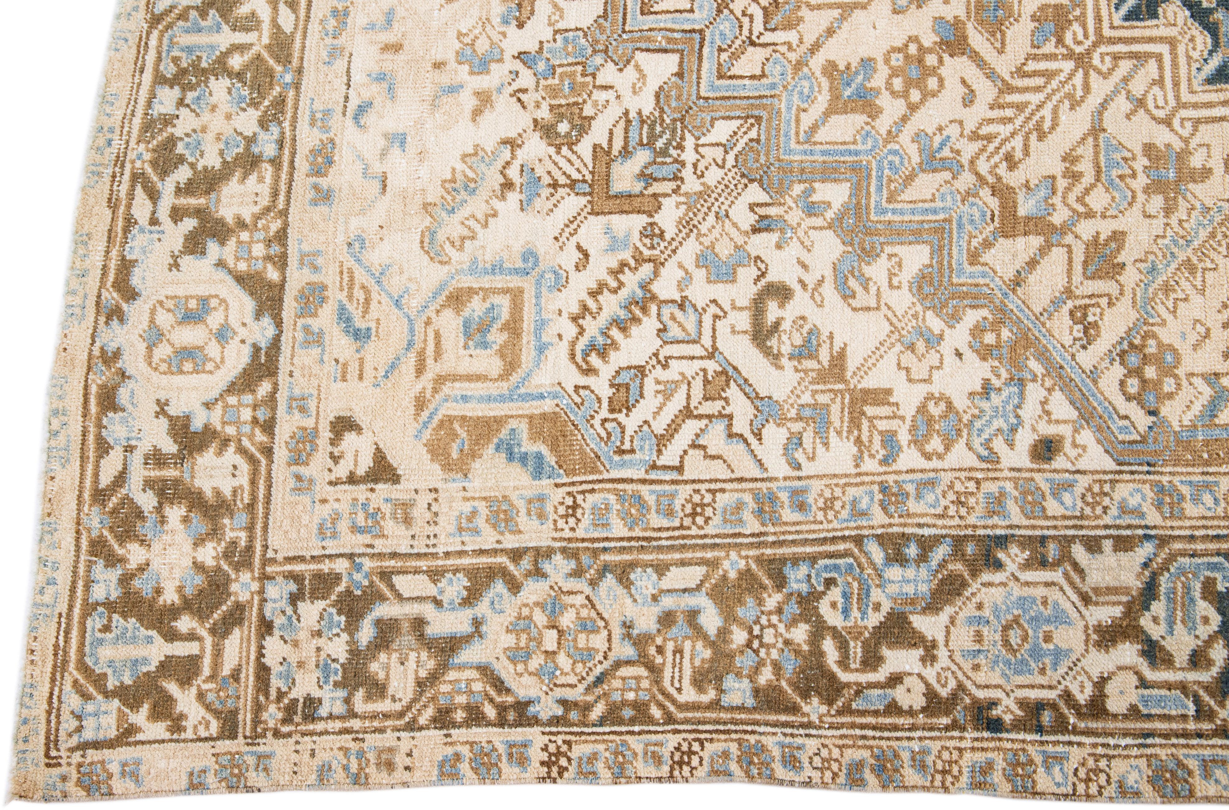 Hand-Knotted Antique Persian Heriz Handmade Shabby Chic Beige Wool Rug For Sale