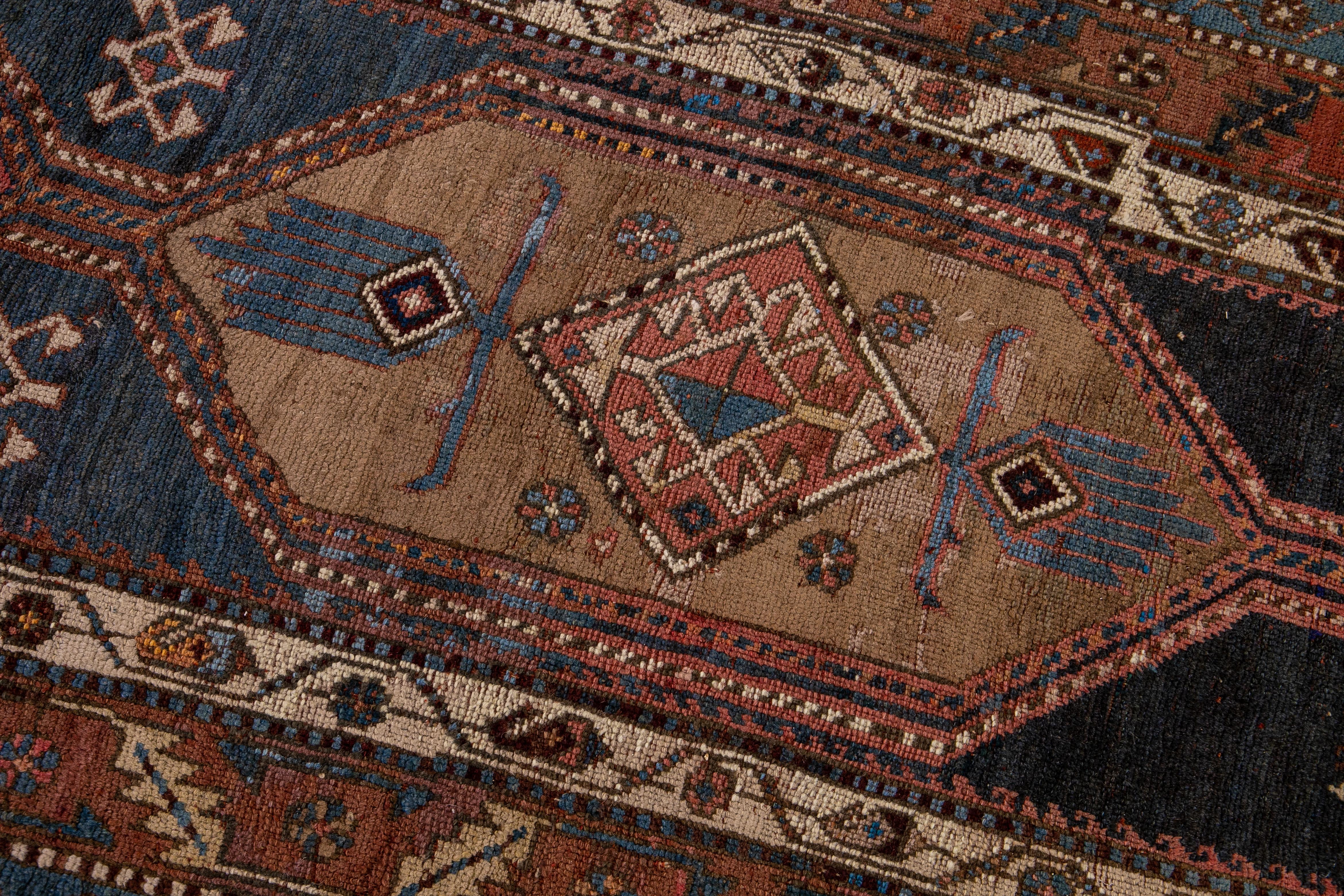 Antique Persian Heriz Handmade Tribal Blue Wool Rug For Sale 3