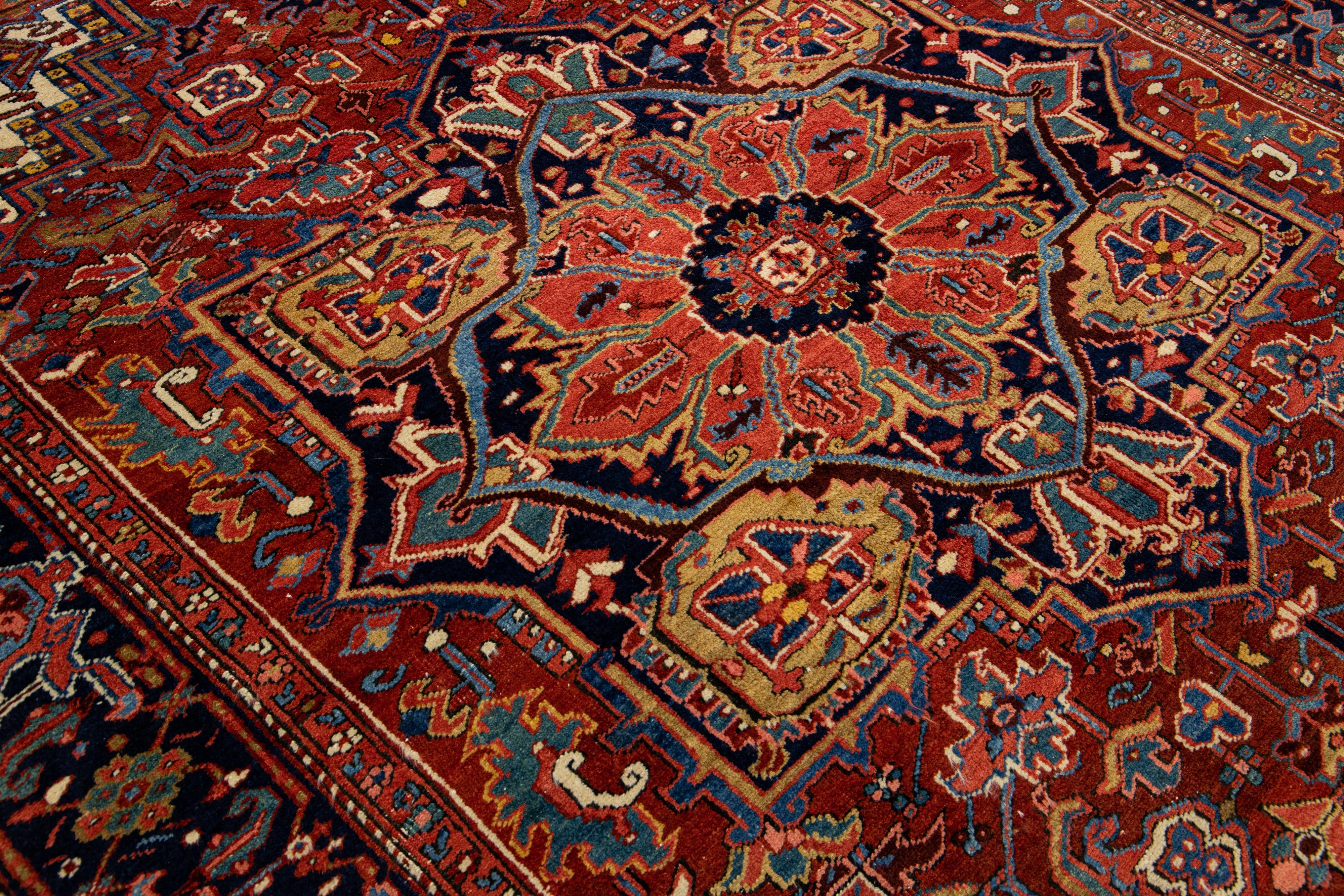 Antique Persian Heriz Handmade Wool Rug with Multicolor Medallion Design For Sale 4