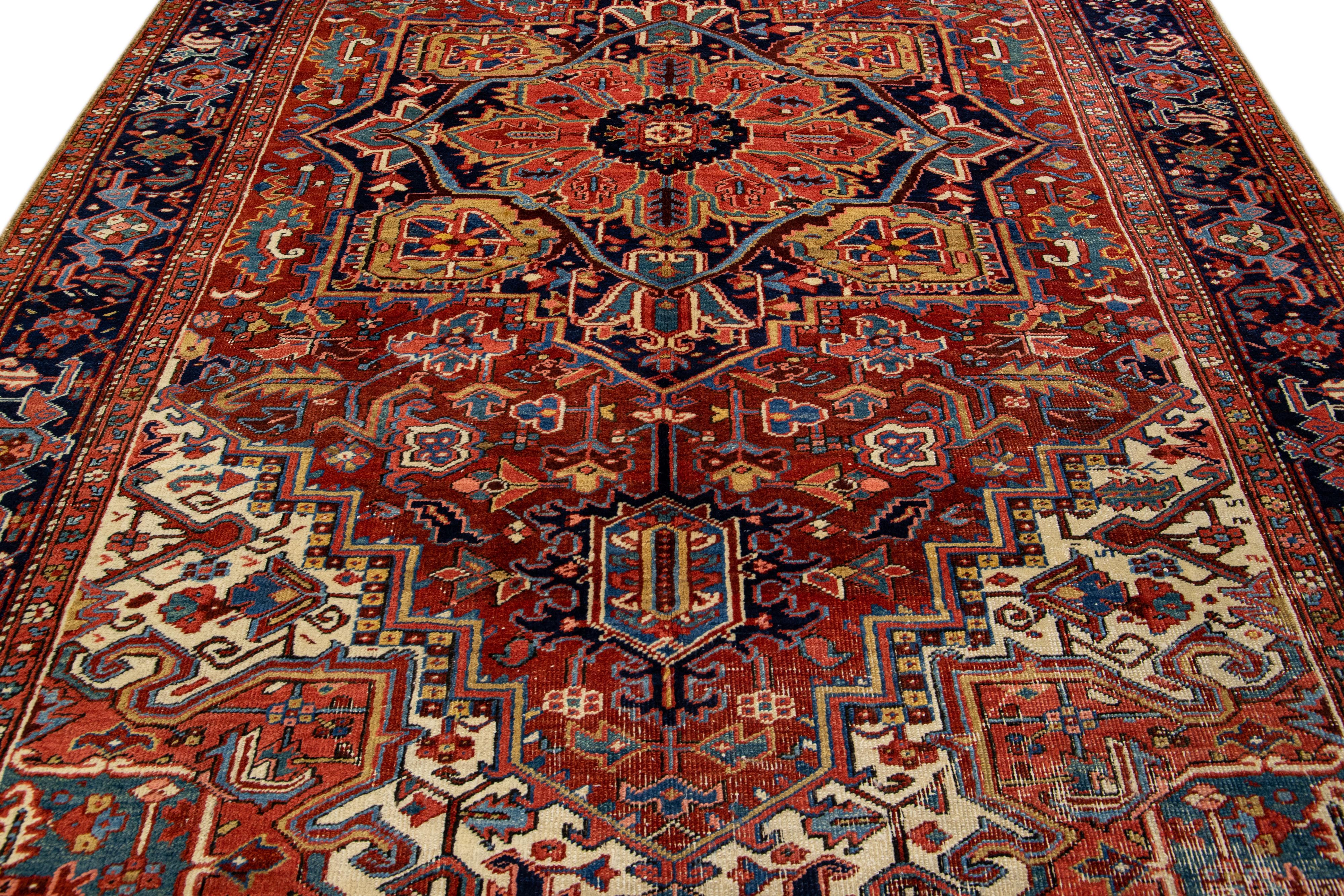 Heriz Serapi Antique Persian Heriz Handmade Wool Rug with Multicolor Medallion Design For Sale